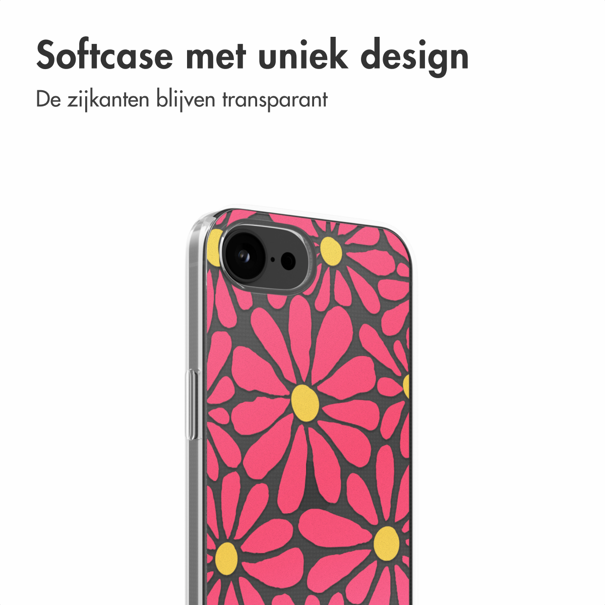 Handyhülle mit pinkem Blumendesign, mit gelben Zentren, auf dunklem grauen Hintergrund.