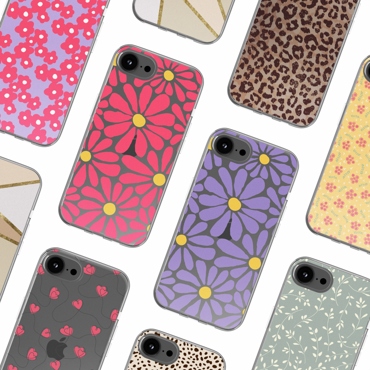 Handyhüllen in verschiedenen Designs, mit Blumen-, Tier- und geometrischen Mustern, weißer Hintergrund.