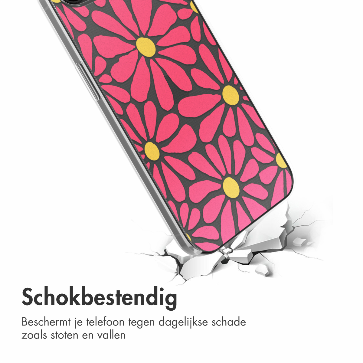 Nahaufnahme einer Handyhülle mit floralem Muster. Die Handyhülle liegt auf einer zerbrochenen Oberfläche.