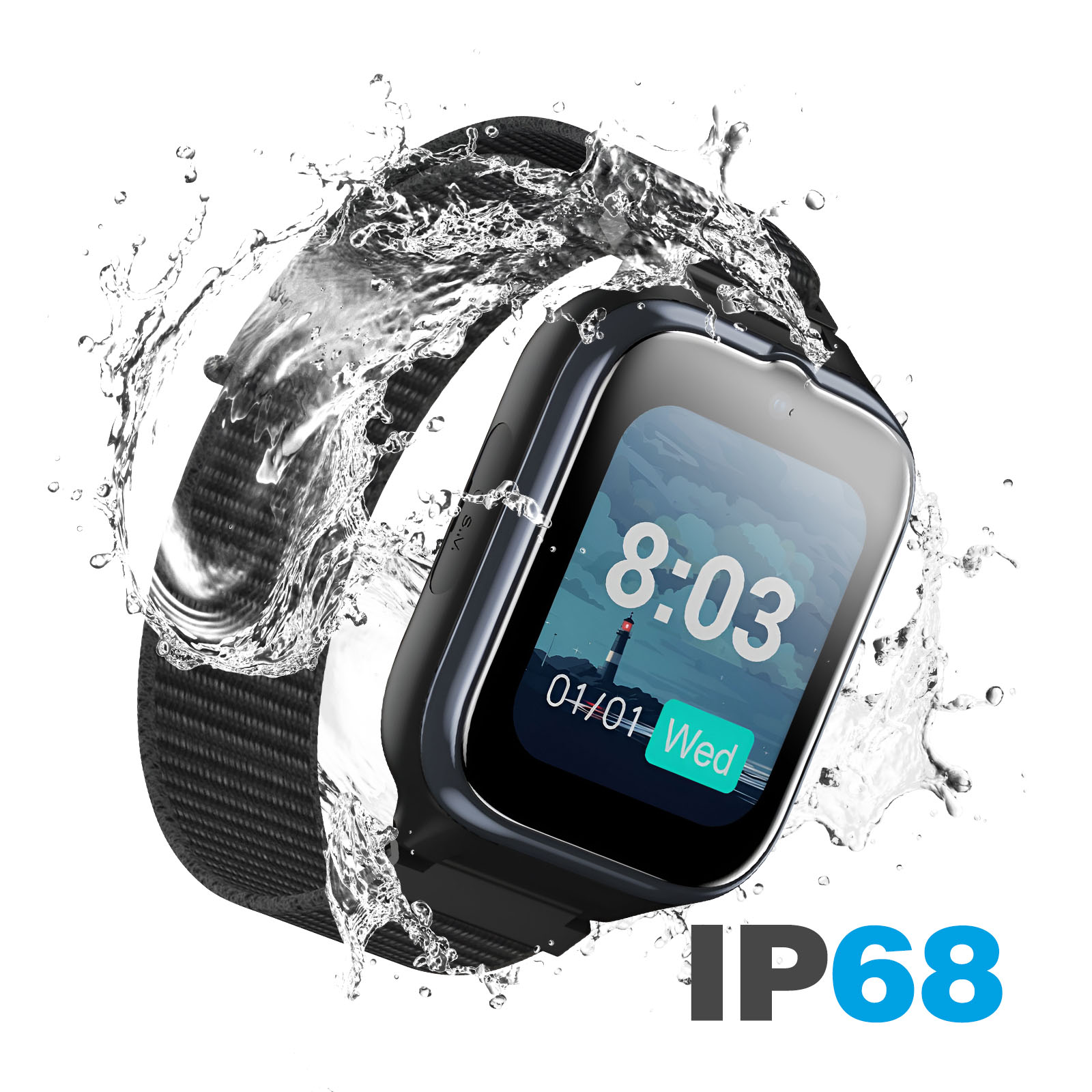 Smartwatch mit Wasserspritzer, Bildschirm zeigt Zeit und Datum, mit IP68-Text.