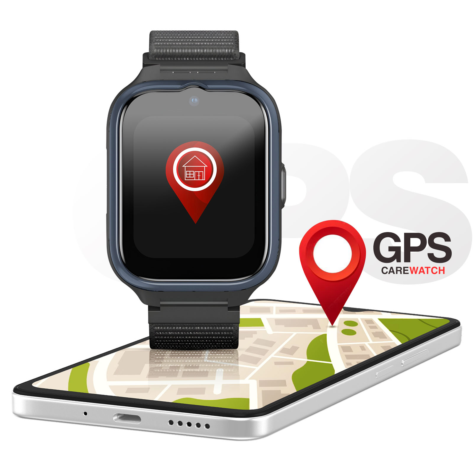 Smartwatch mit GPS, Karte und Standort-Pin, auf einem Telefon, weißer Hintergrund.
