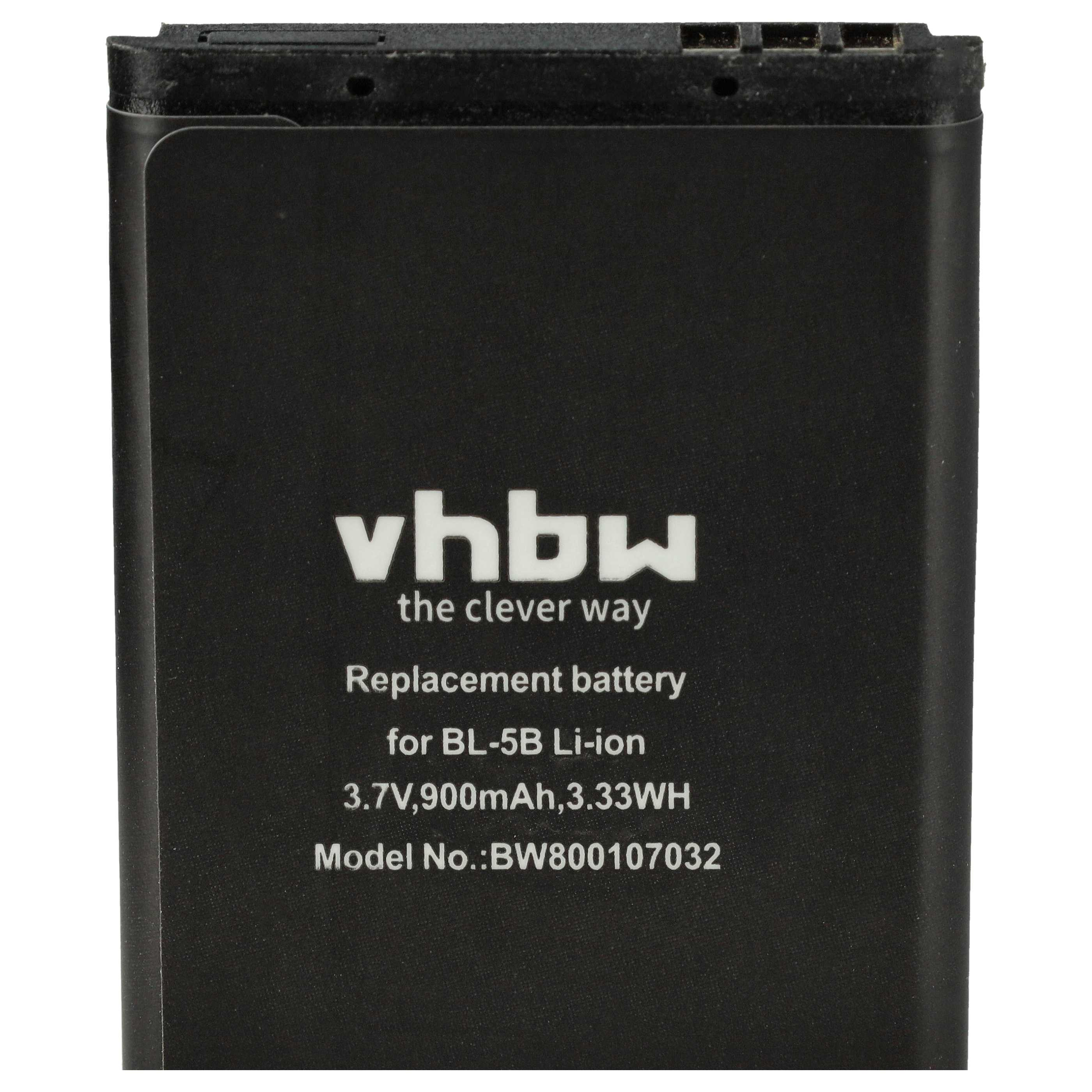 Eine schwarze Batterie mit weißem Text: 'vhbw the clever way' und Spezifikationen, auf weißem Hintergrund.