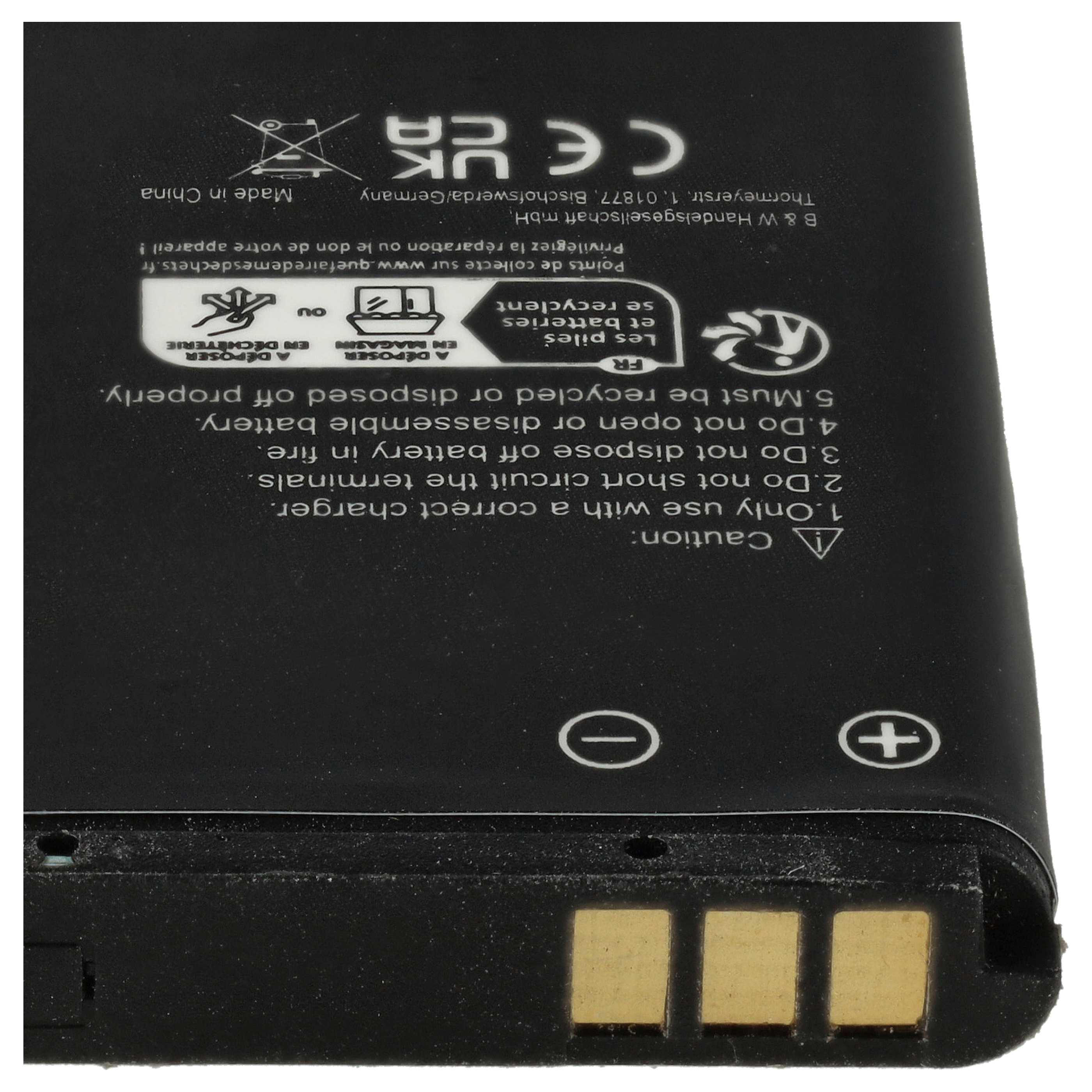 Batterie mit Text in mehreren Sprachen und Symbolen. Enthält Recycling- und Sicherheitshinweise.