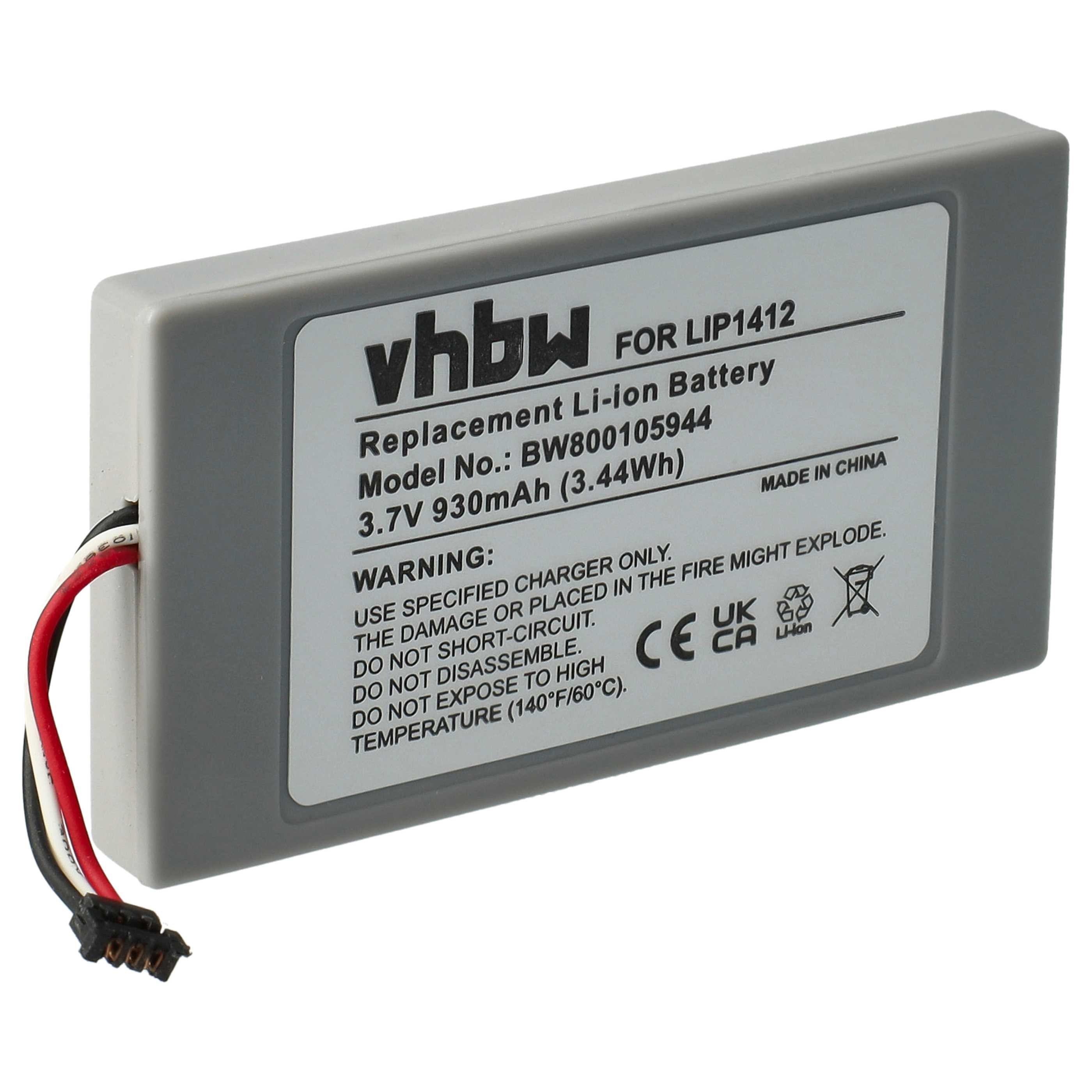 Graue Ersatz-Li-Ionen-Batterie mit weißem Text, Warnhinweis und schwarzen/roten Drähten.