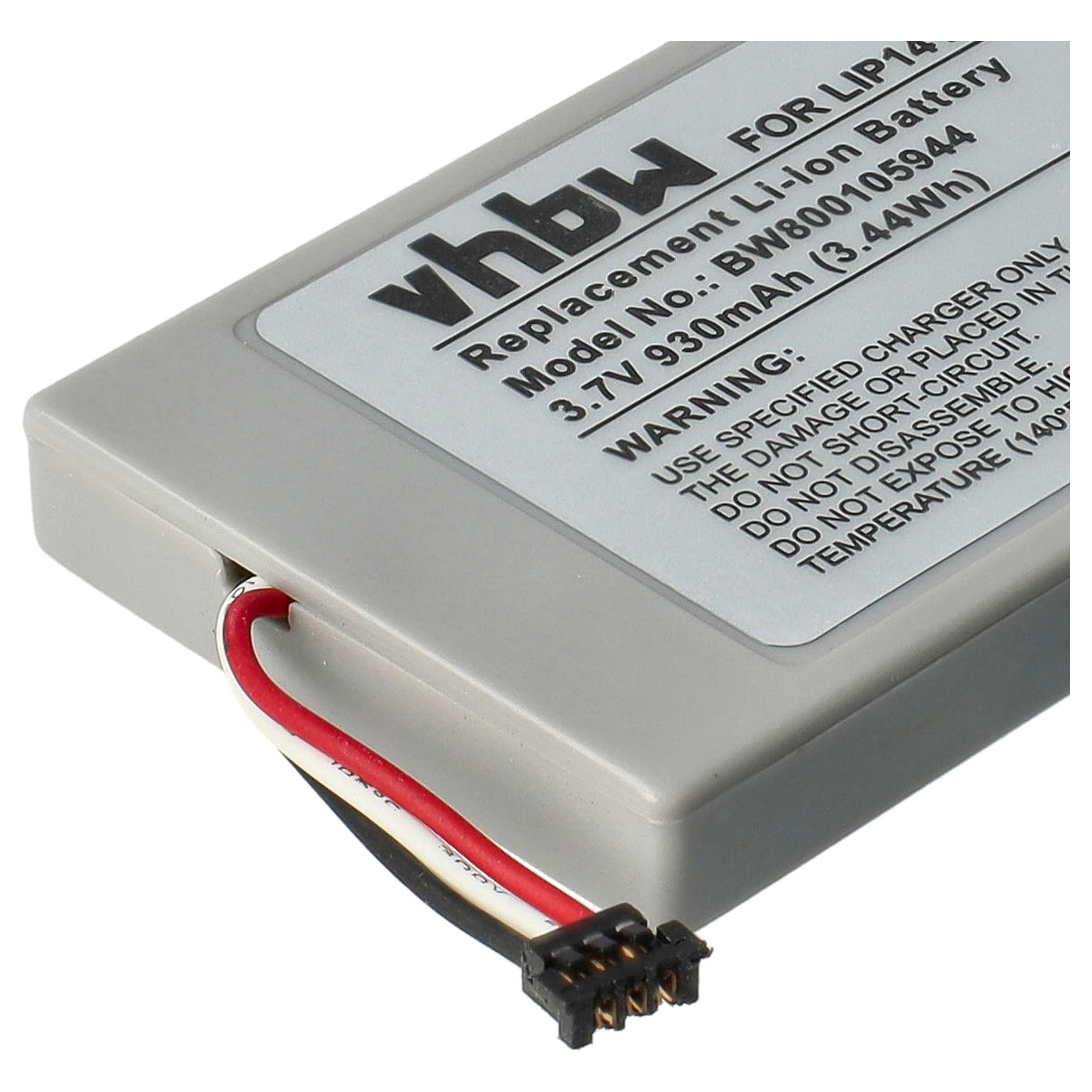 Graue Batterie mit Kabeln und Stecker. Text zeigt Spezifikationen und Warnhinweise.