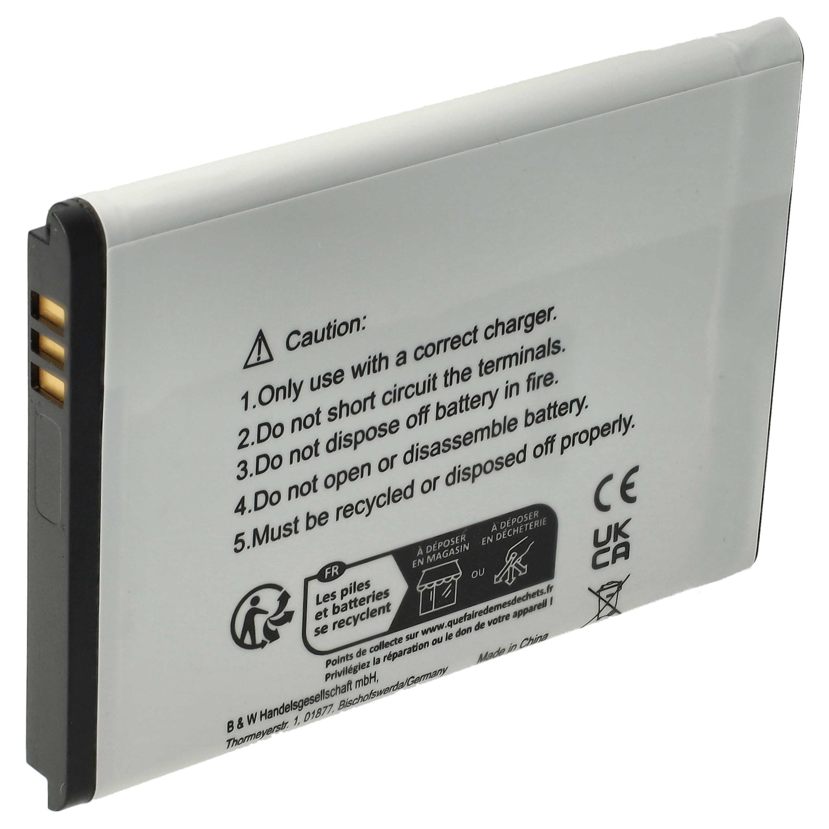 Weiße Batterie mit Warnungen. Text in mehreren Sprachen. Schwarz-Weiß-Design.