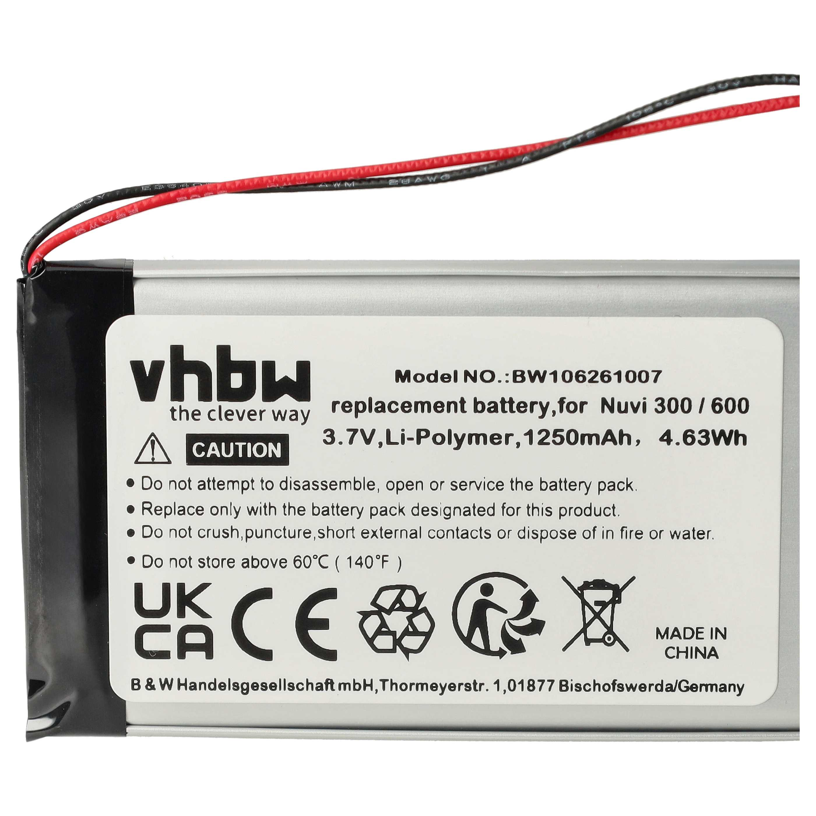 Batterie mit Warnhinweis. Text: Ersatzbatterie für Nuvi 300/600. Schwarze und rote Drähte befestigt.