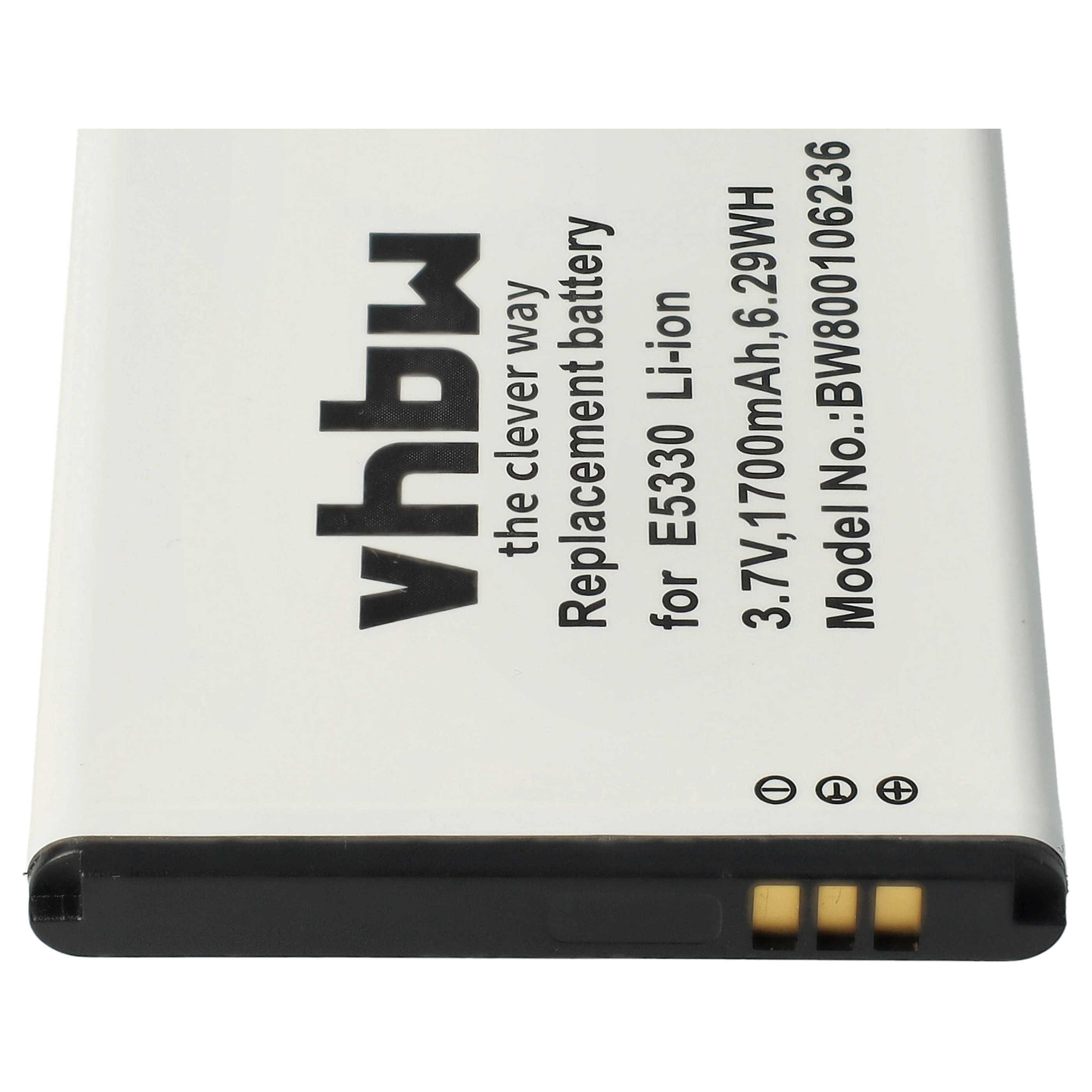 Weiße Batterie mit schwarzem Text 'vhbw' und Spezifikationen. Ersatzbatterie für E5330 Li-Ion.