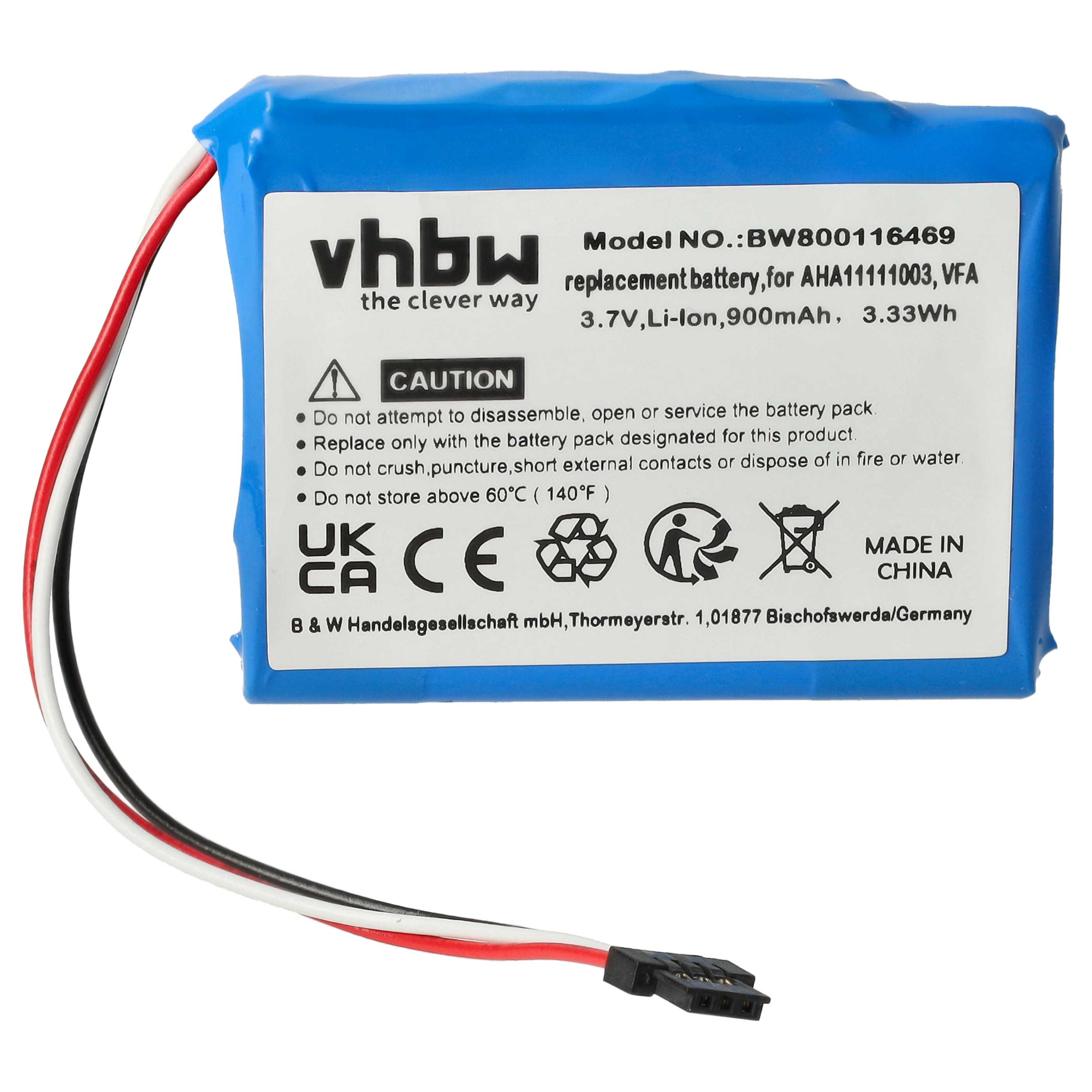 Blaue Li-Ionen-Batterie mit Etikett. Sie hat Kabel mit Anschlüssen.
