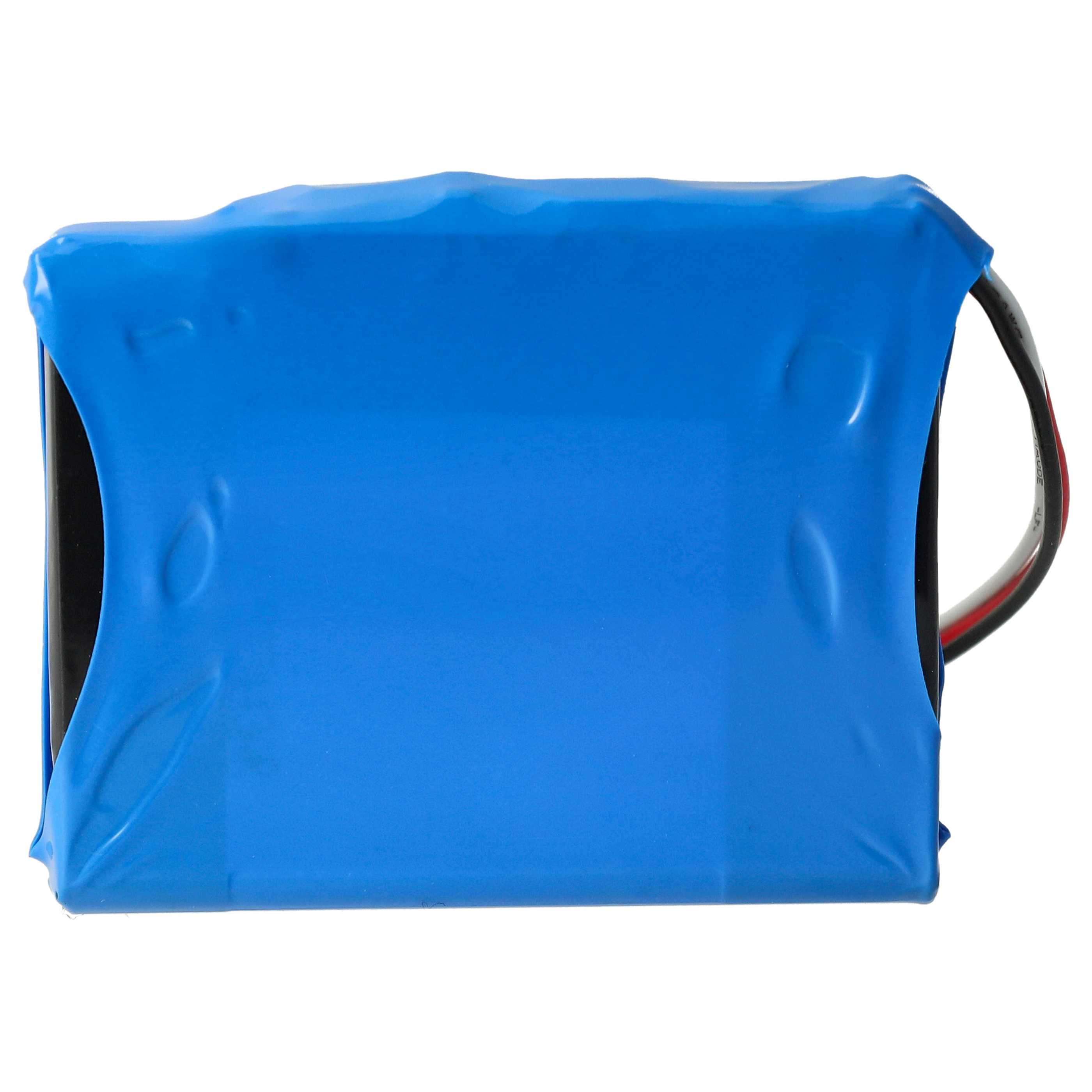 Blau umwickeltes Batteriepaket auf weißem Hintergrund, mit schwarzen und roten Drähten.