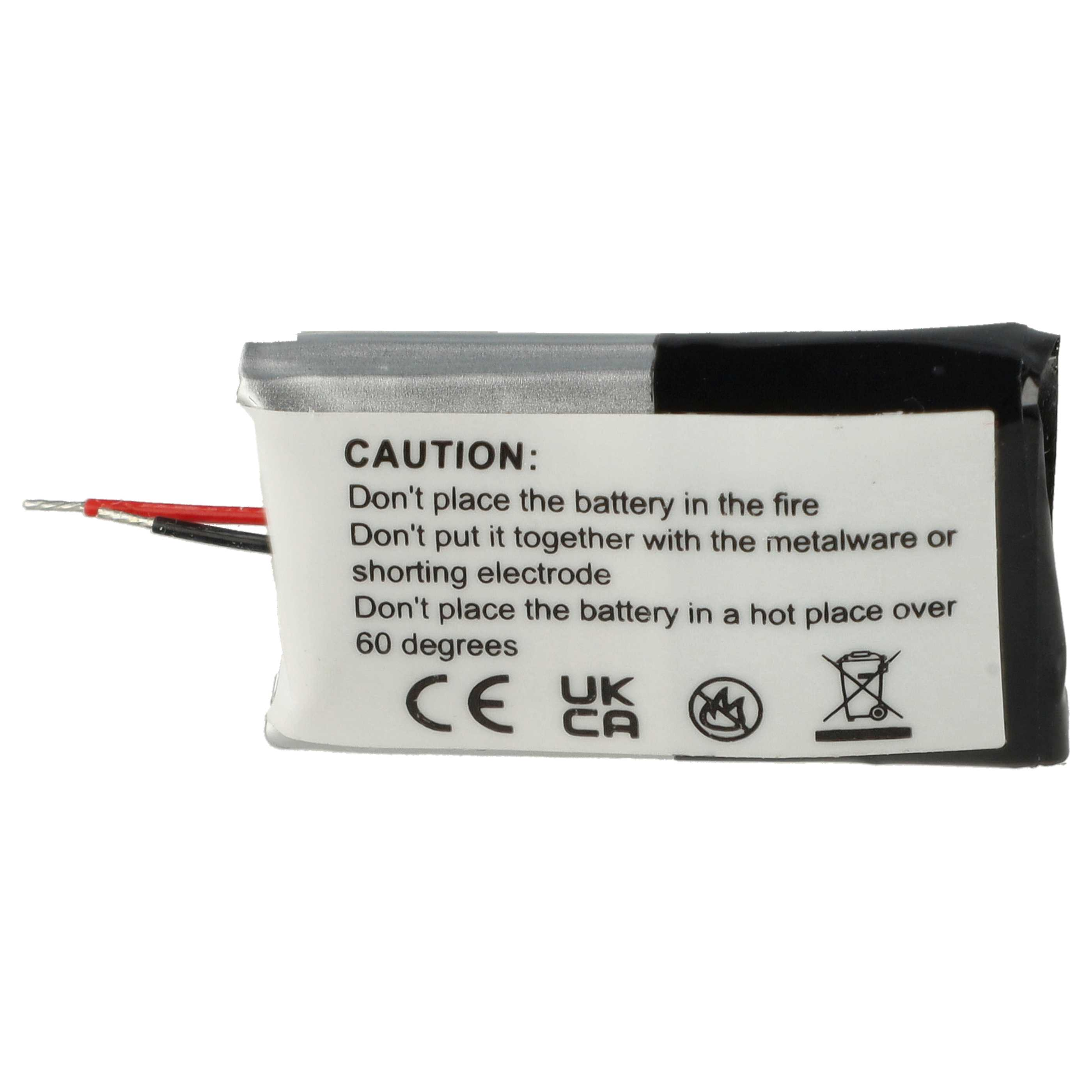Eine kleine Batterie mit Sicherheitshinweisen, einschließlich: Feuer, Metallkontakt und hohe Temperatur.