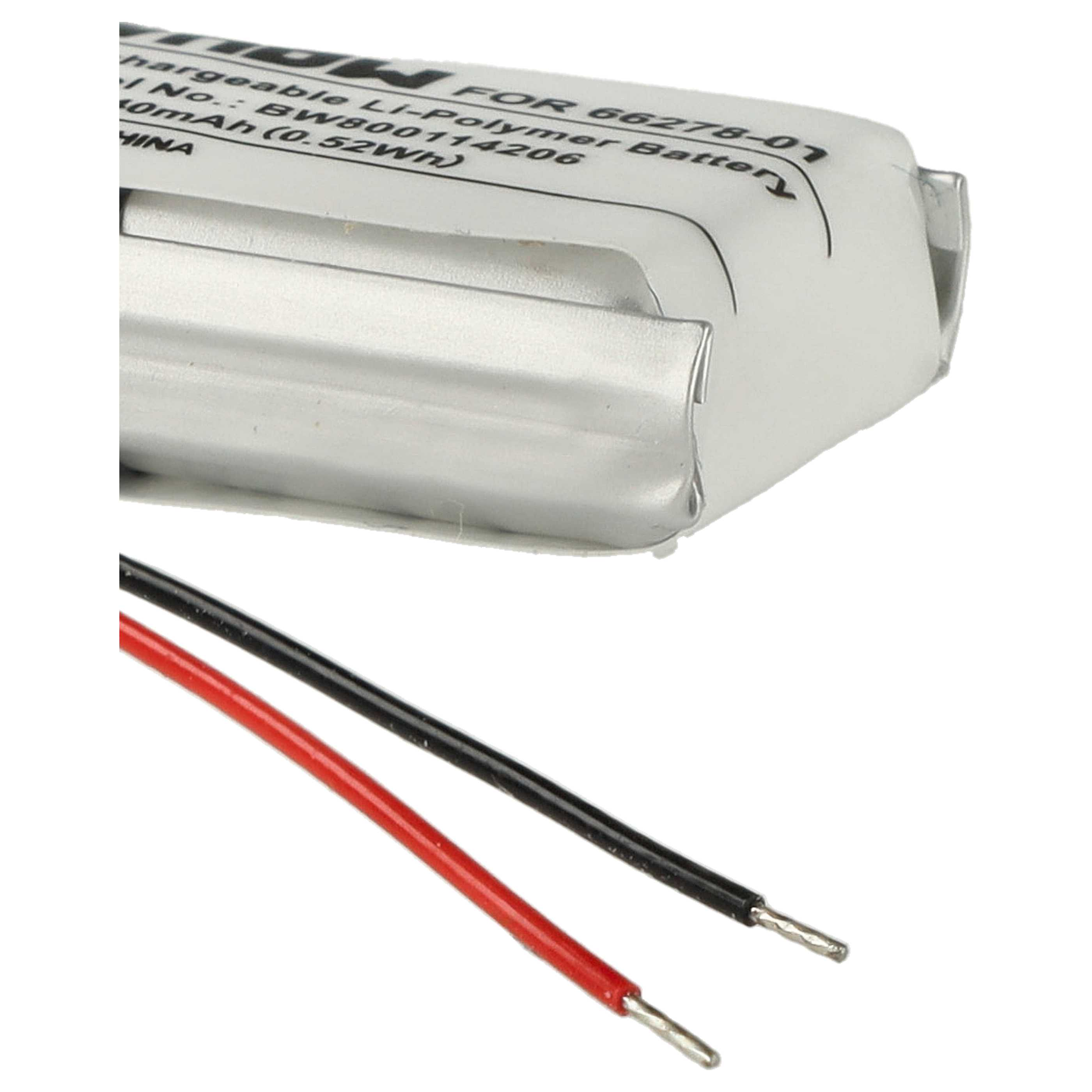 Li-Polymer-Batterie mit roten und schwarzen Drähten. Silbernes Gehäuse, beschriftet. Weißer Hintergrund.
