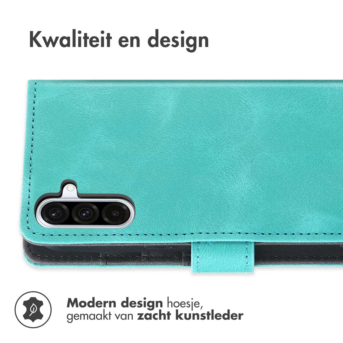 Une coque de téléphone turquoise avec texture cuir, texte sur le design du produit.
