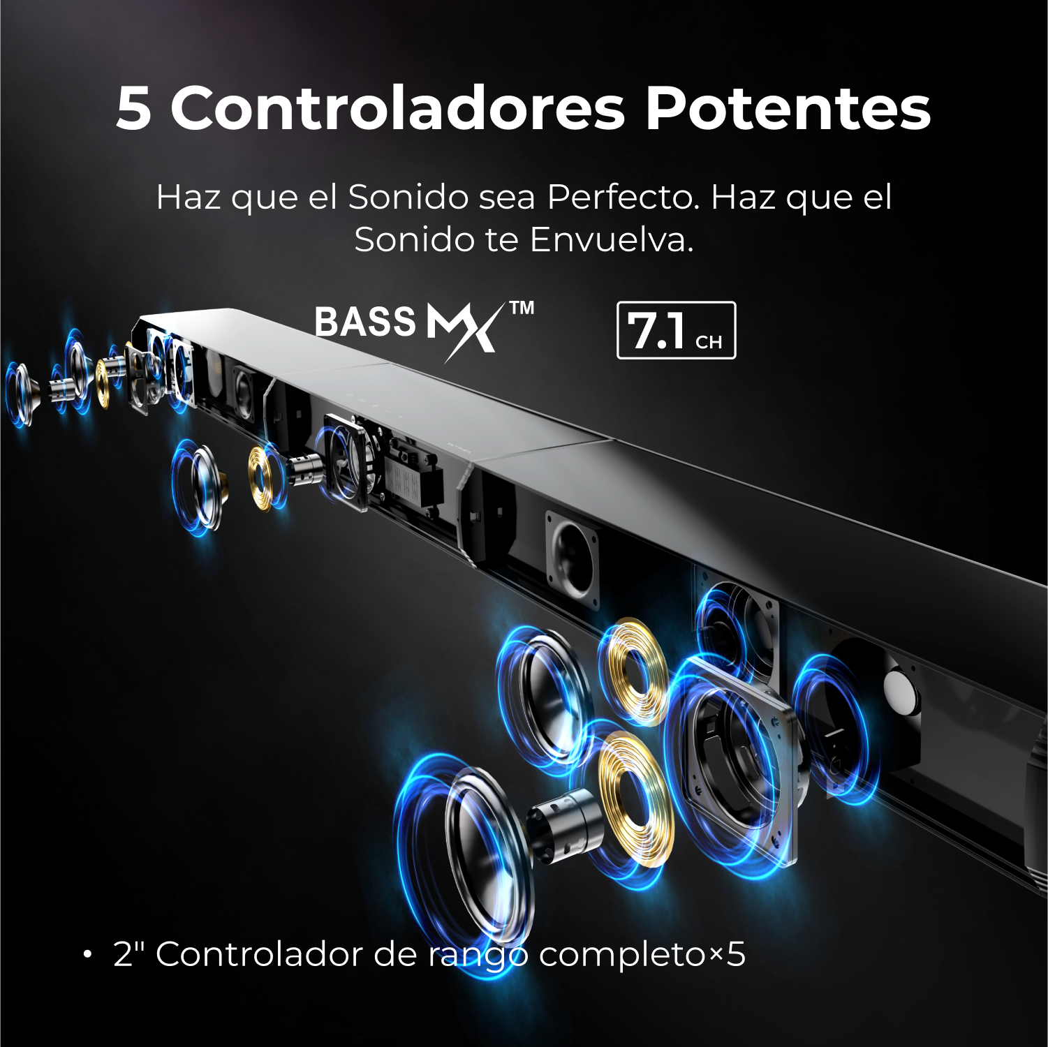 Barra de sonido negra con múltiples altavoces y efectos visuales azules sobre fondo oscuro.