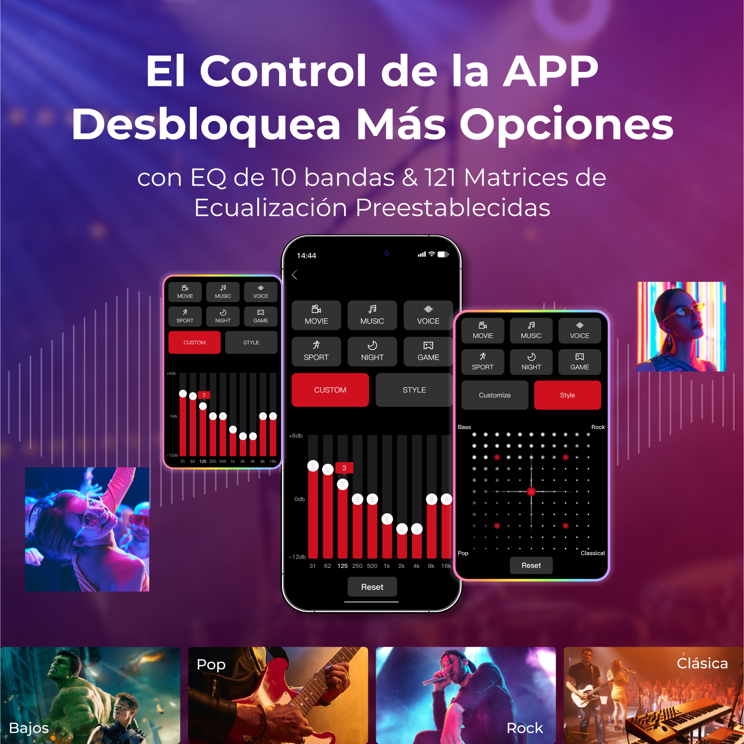 Interfaz de la aplicación con ajustes de ecualizador en las pantallas del teléfono. Varias imágenes de actuaciones musicales.