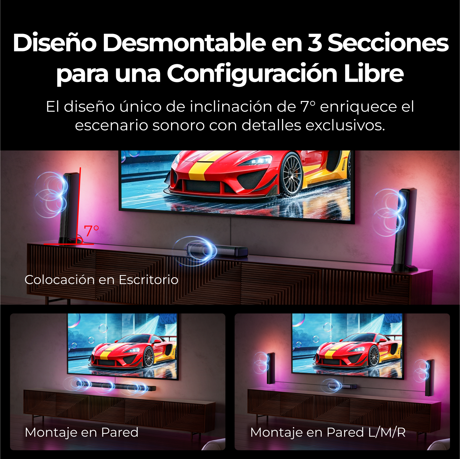 Diagrama mostrando la ubicación de los altavoces cerca de un televisor. Texto en español sobre diseño desmontable y mejora del sonido.