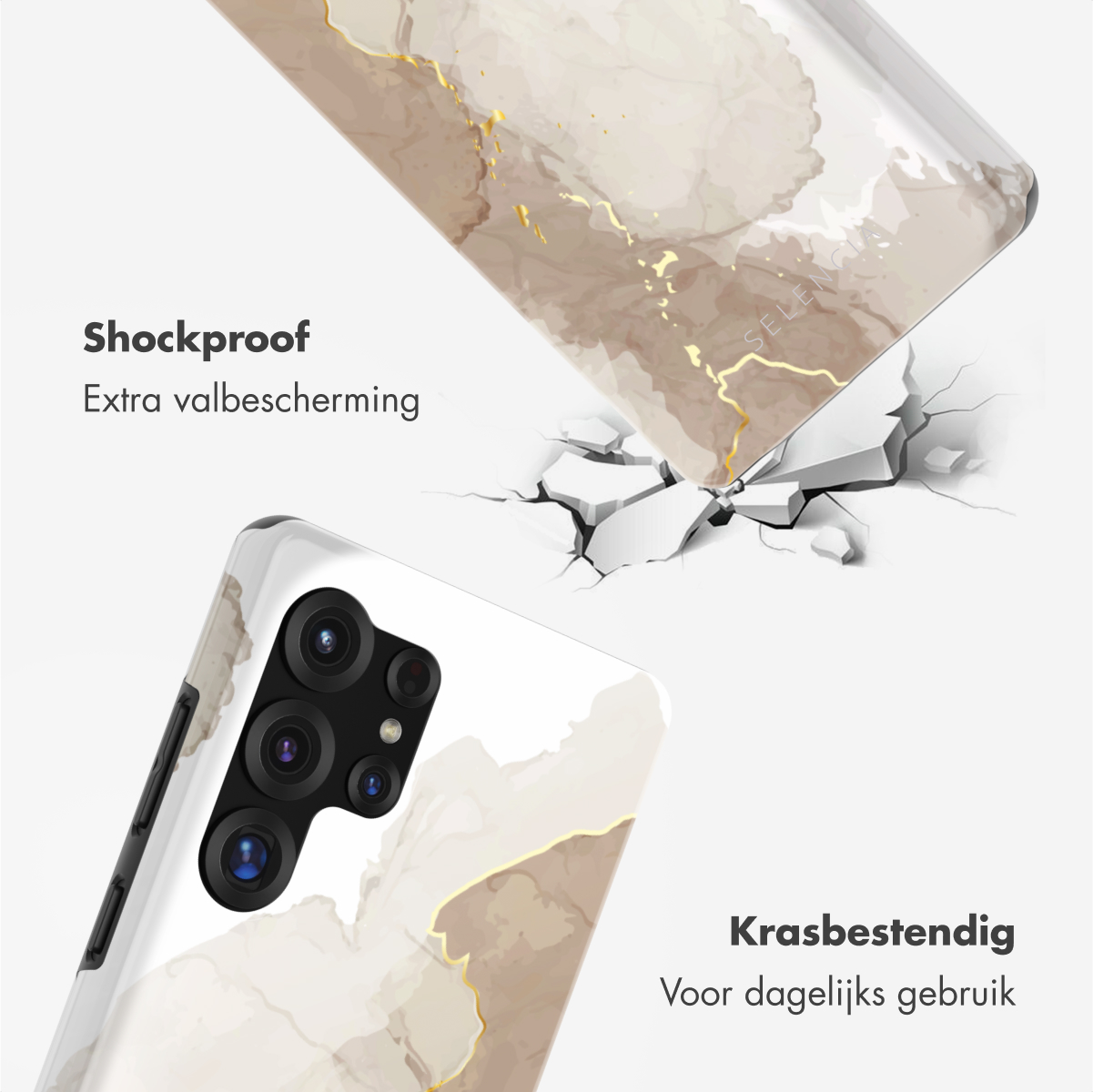 Telefoonhoesje met een marmeren design, met de tekst: Schokbestendig en Krasbestendig.