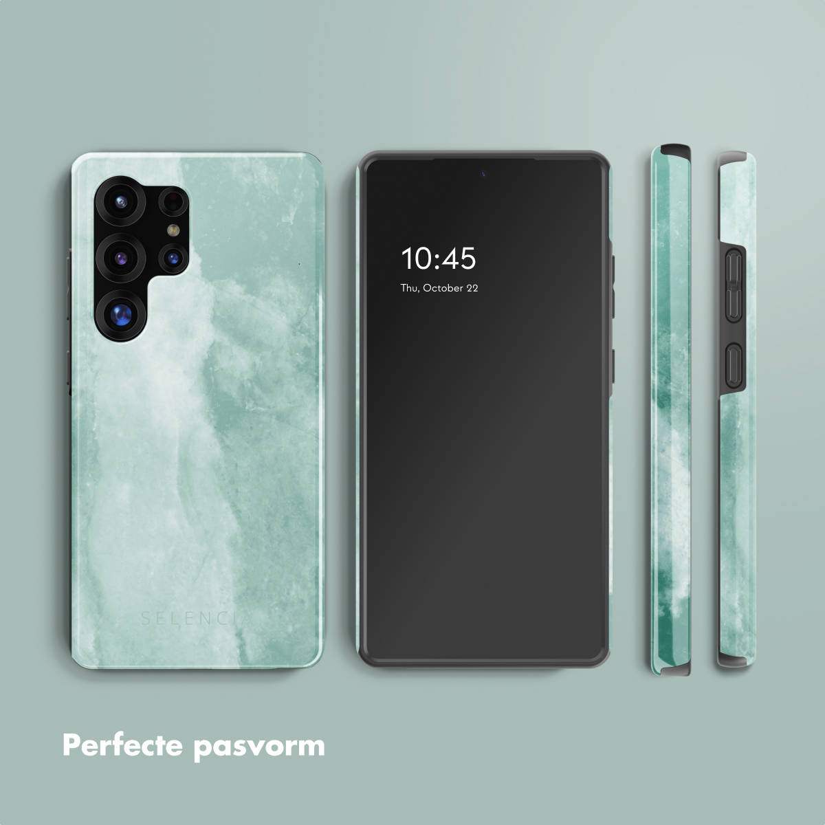 Telefoonhoesje met een groen marmer design met de tekst: Perfecte pasvorm.