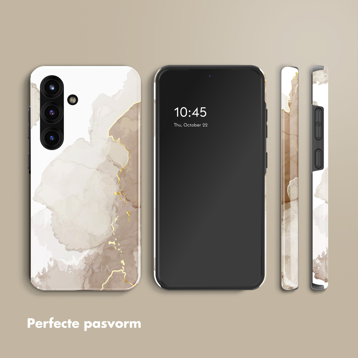 Telefoonhoesje met een marmer design met de tekst: Perfecte pasvorm.