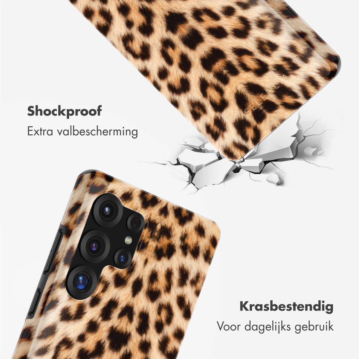 Telefoonhoesje met luipaardprint. Schokbestendige tekst. Hoesje kapot op wit.