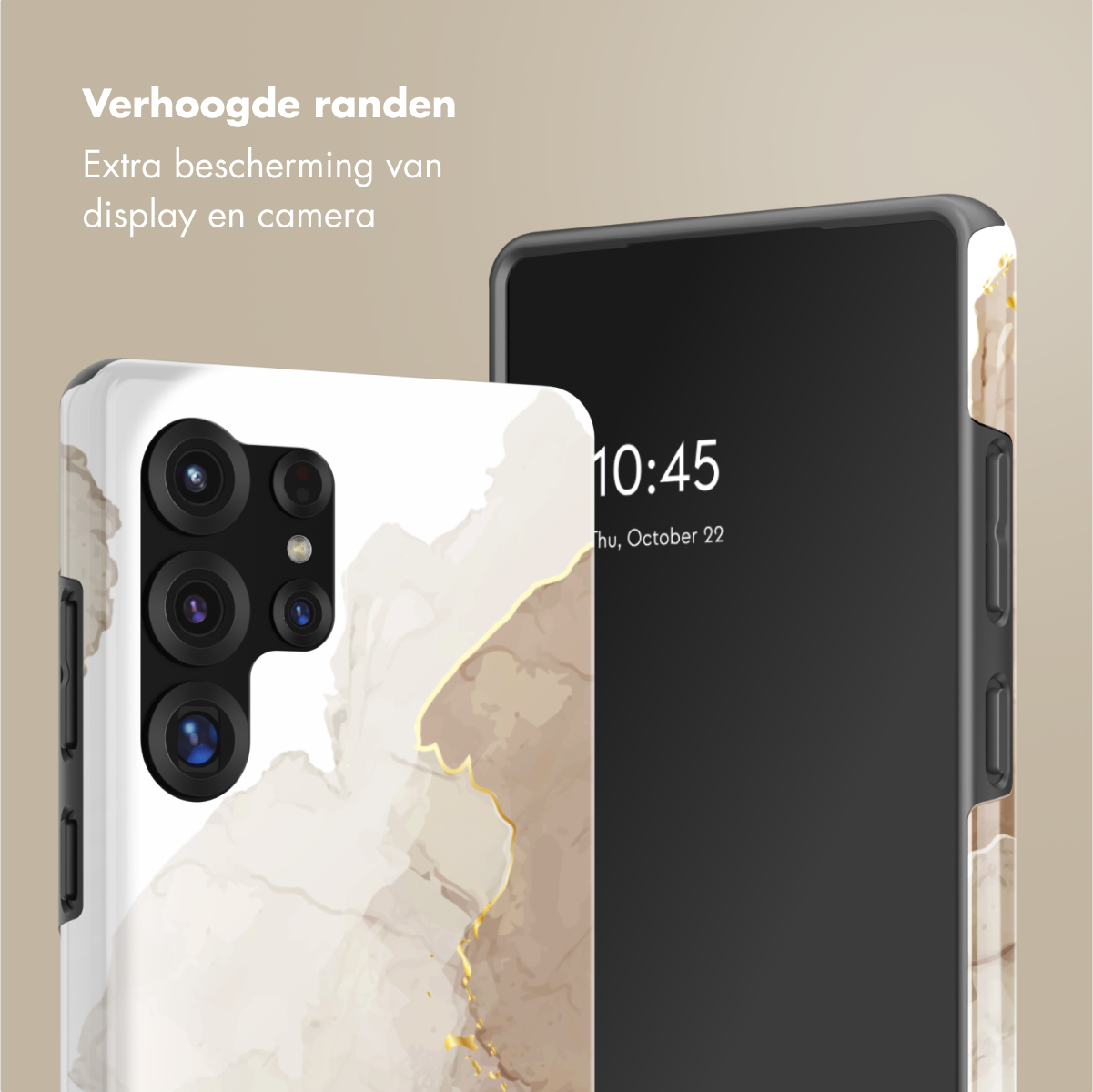 Een smartphone met een marmerpatroon hoes, met het scherm en cameradetails, met tekst.