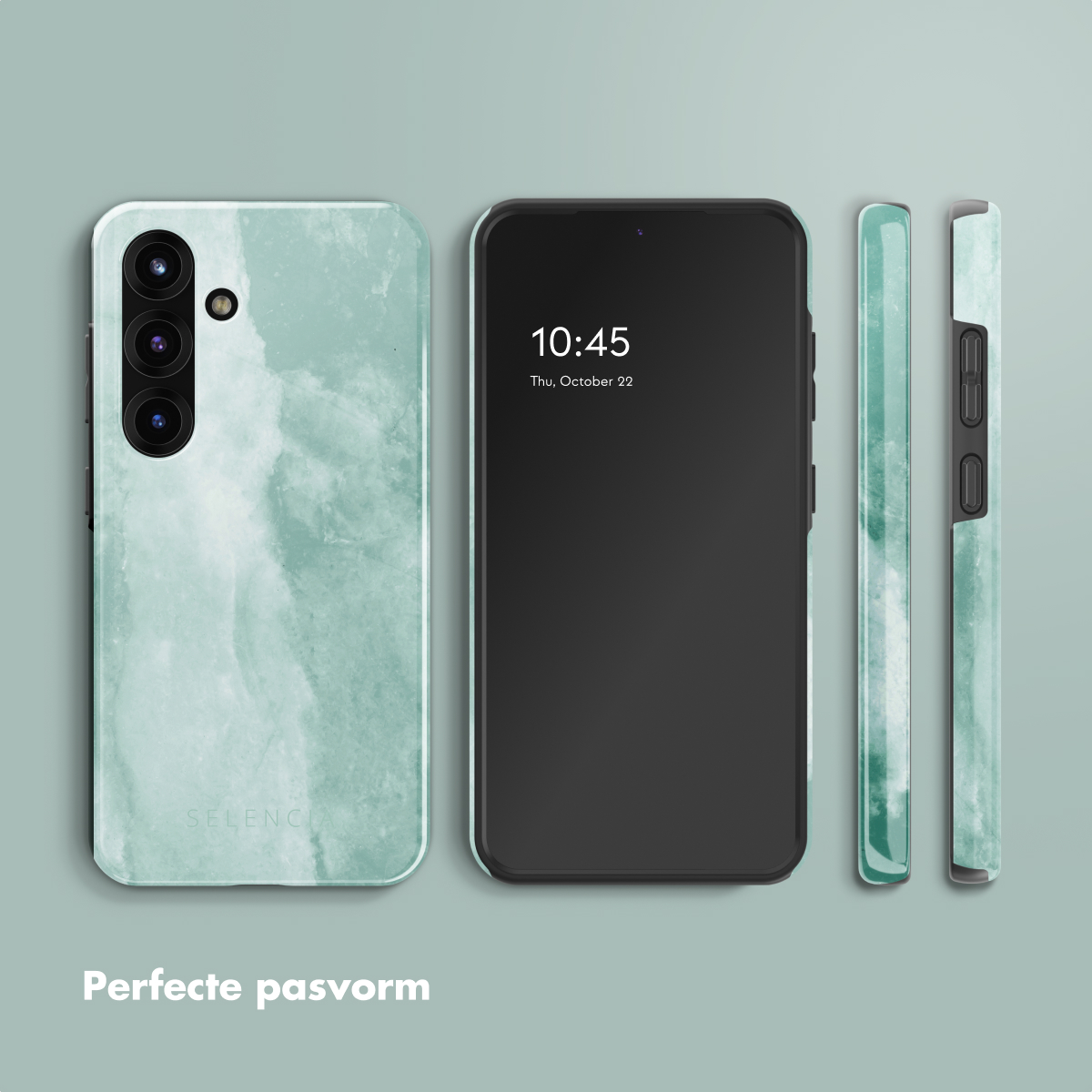 Telefoonhoesje met een groen marmer design met de tekst: Perfecte pasvorm.