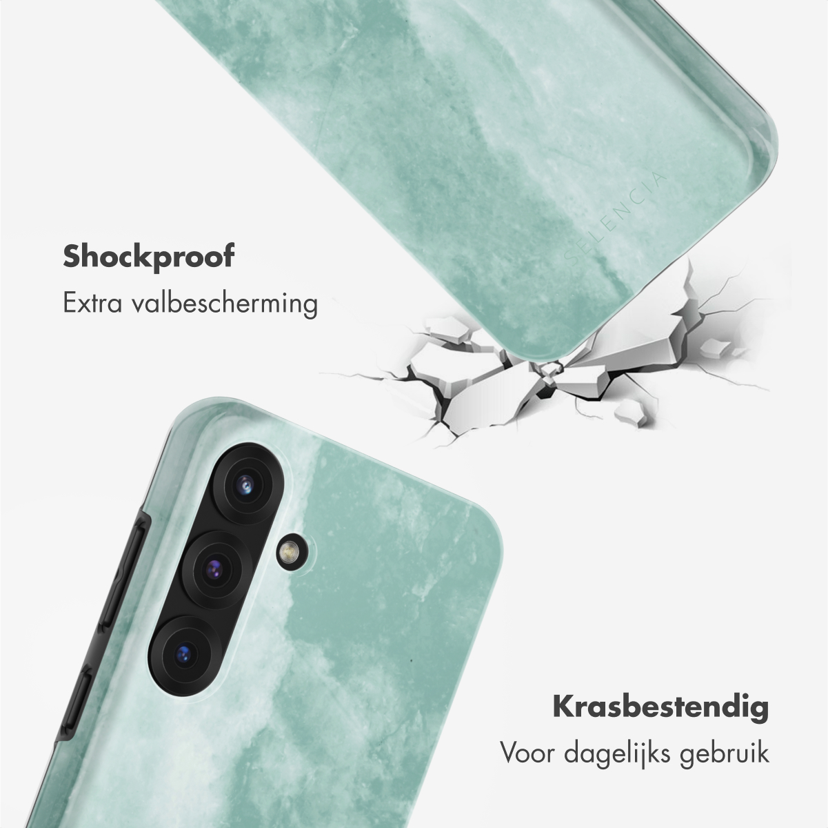 Telefoonhoes, met schokbestendige functie. De hoes is lichtgroen met een marmerontwerp.
