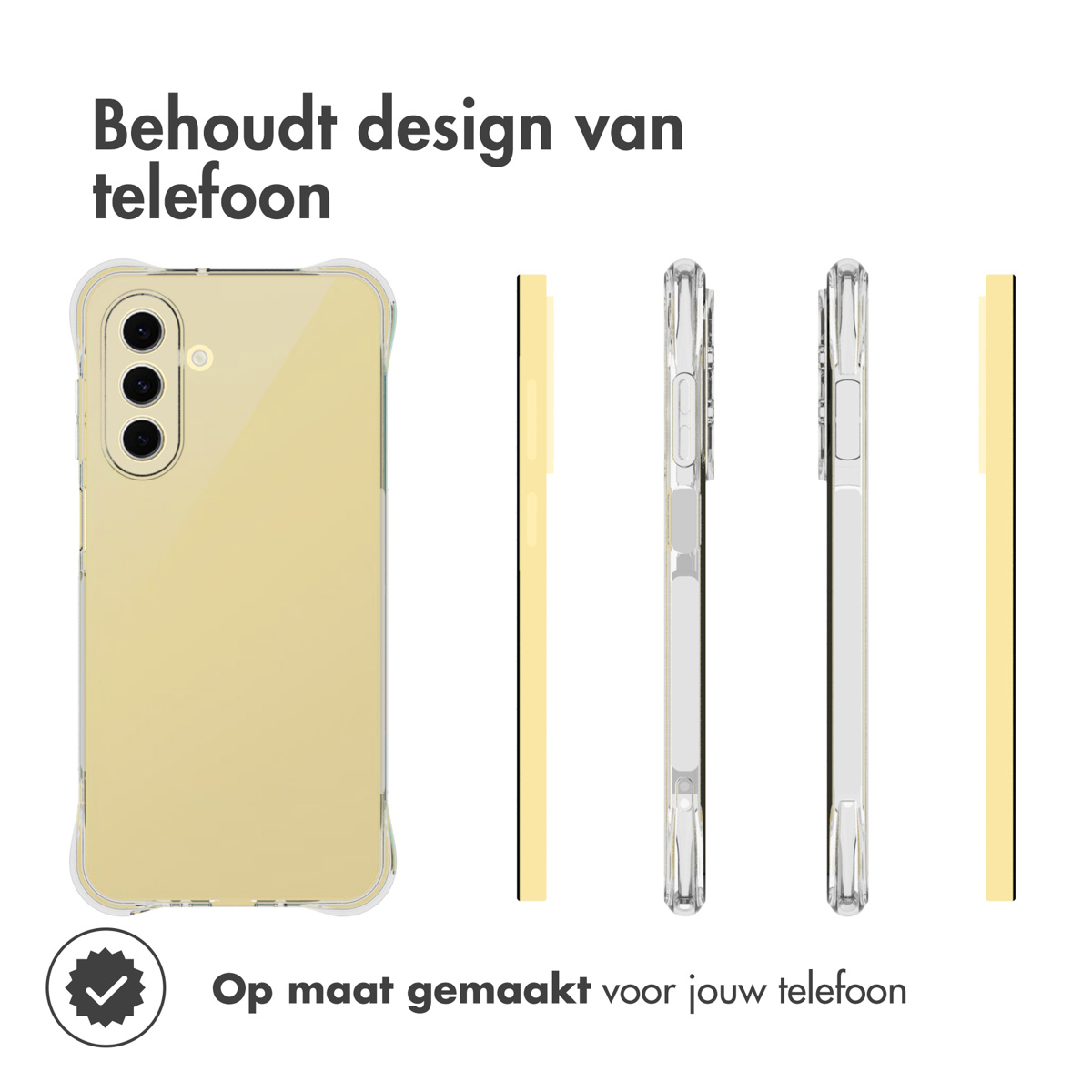 Een transparante telefoonhoes op een witte achtergrond. Het heeft een gele telefoon erin. Er staan teksten.