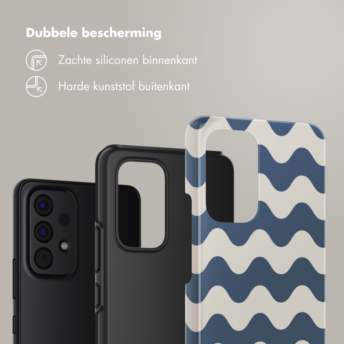 Trois coques de téléphone, noire, blanche et motif vagues bleues, avec texte sur la double protection.