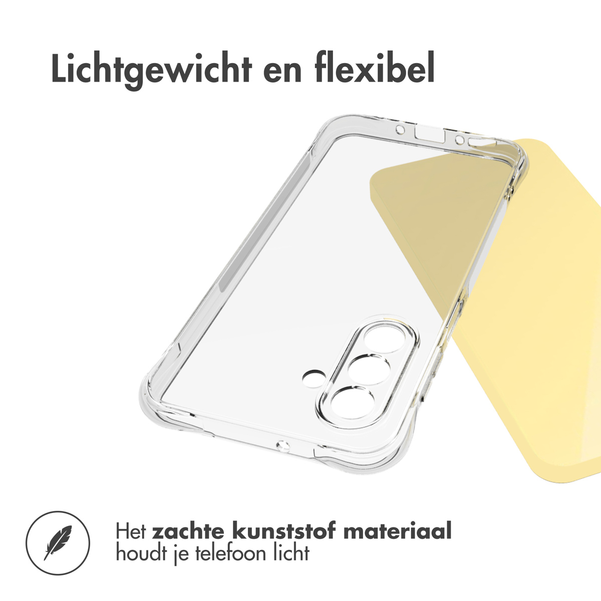 Transparante telefoonhoes, met de telefoon met de tekst 'Lichtgewicht en flexibel'.