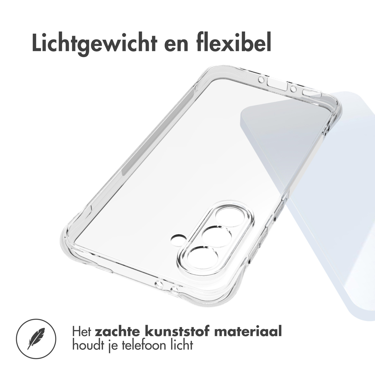Een transparante telefoonhoes met de tekst 'Lichtgewicht en flexibel' en een andere tekst.