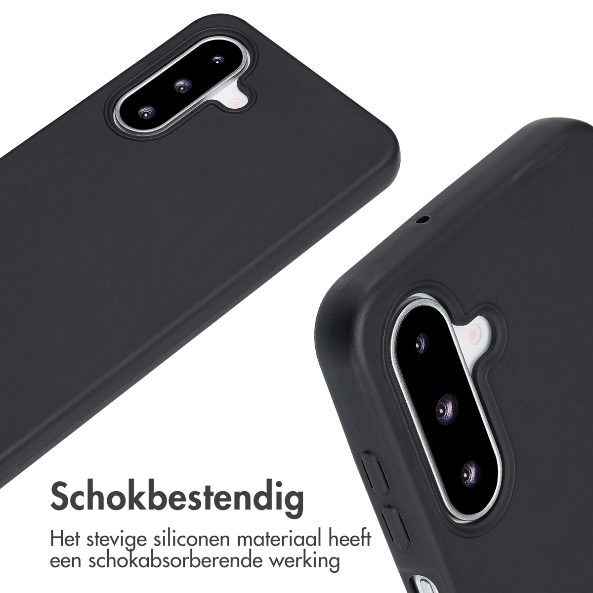 Black phone case close up with the text: Shockproof. The material is silicon.