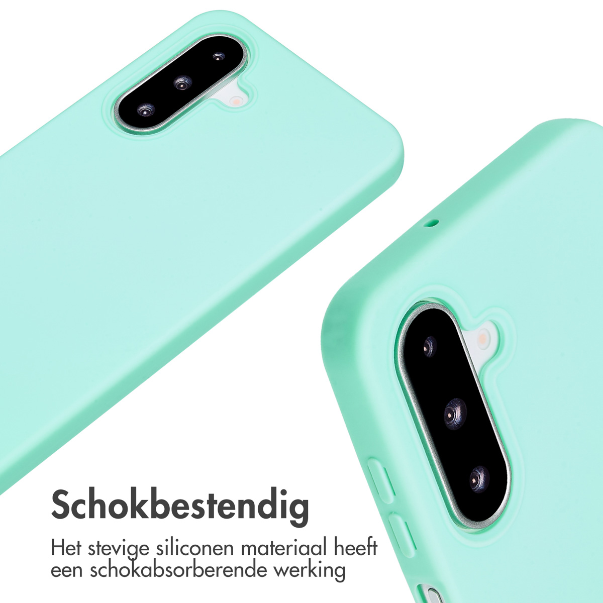 Two mint-green phone cases. The cases are made of silicone and are shock-resistant. Text: Schokbestendig.
