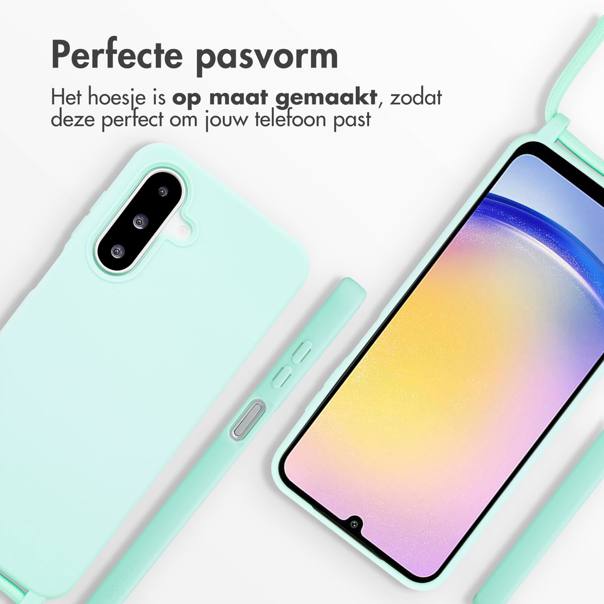 A mint green phone case and phone with a string, beside a phone. Text on the top of the image.