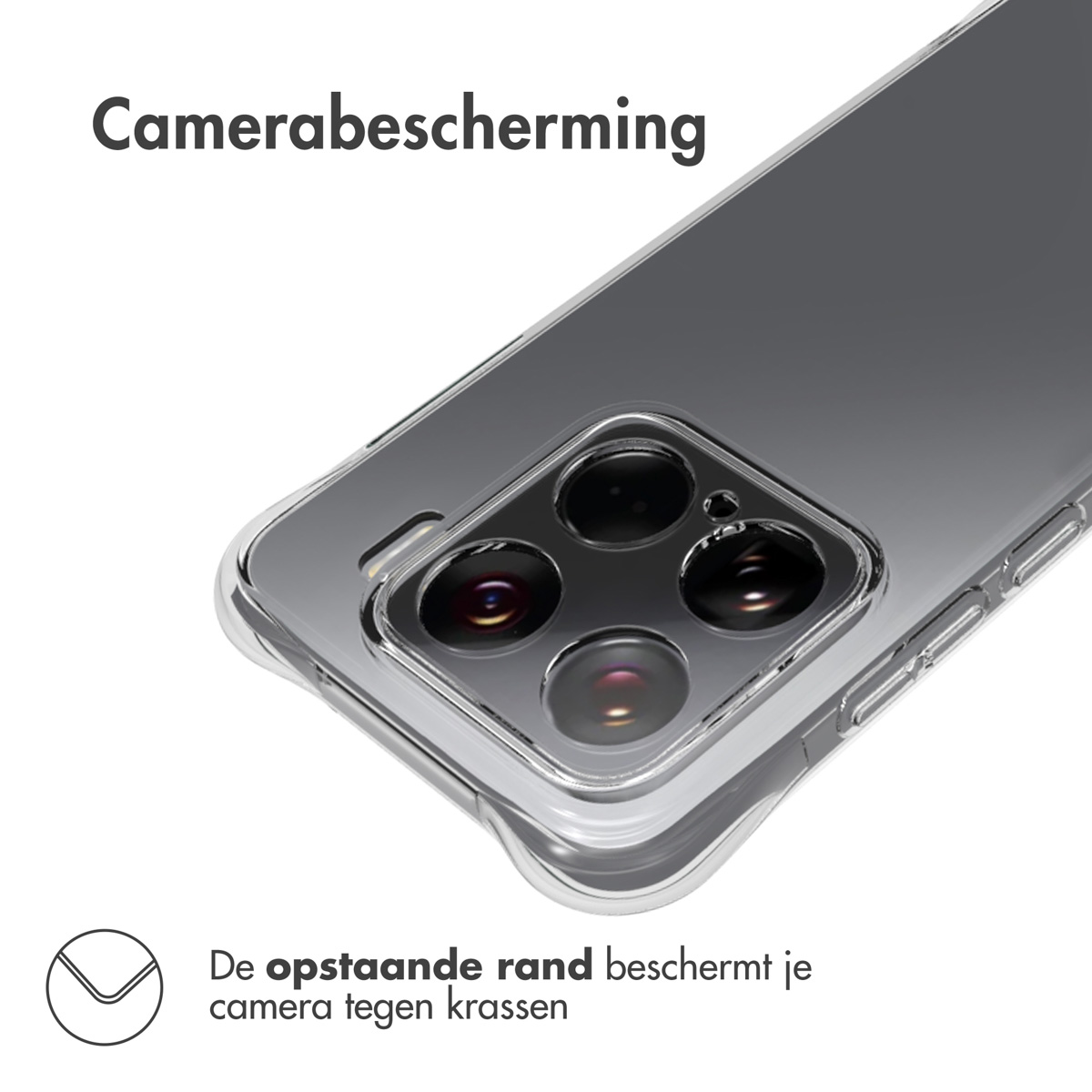 Een telefoonhoesje met camerabescherming. De hoes is transparant, met een verhoogde rand die de camera beschermt.