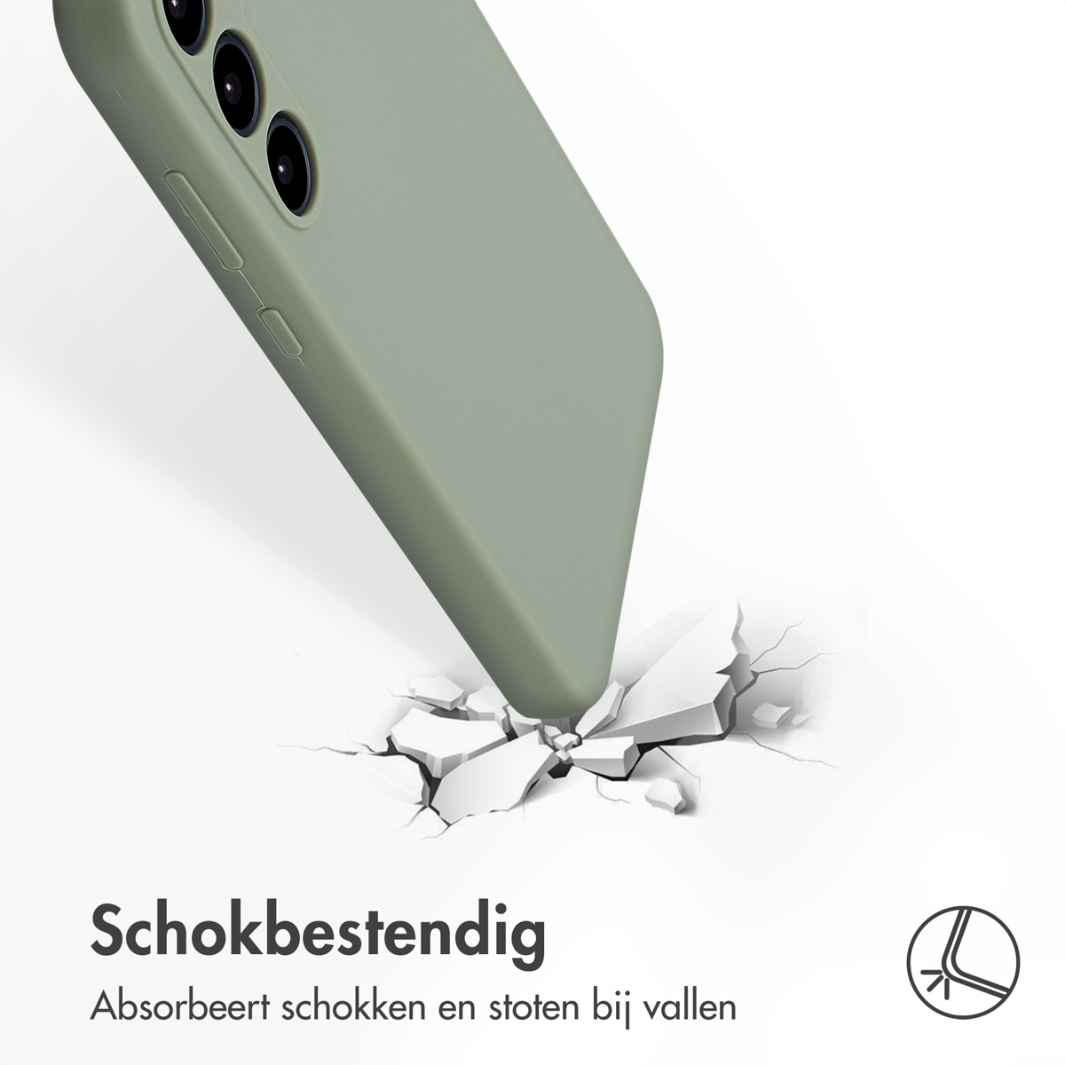 Coque de téléphone tombant, montrant qu'elle absorbe l'impact. Le texte dit 'Antichoc'.