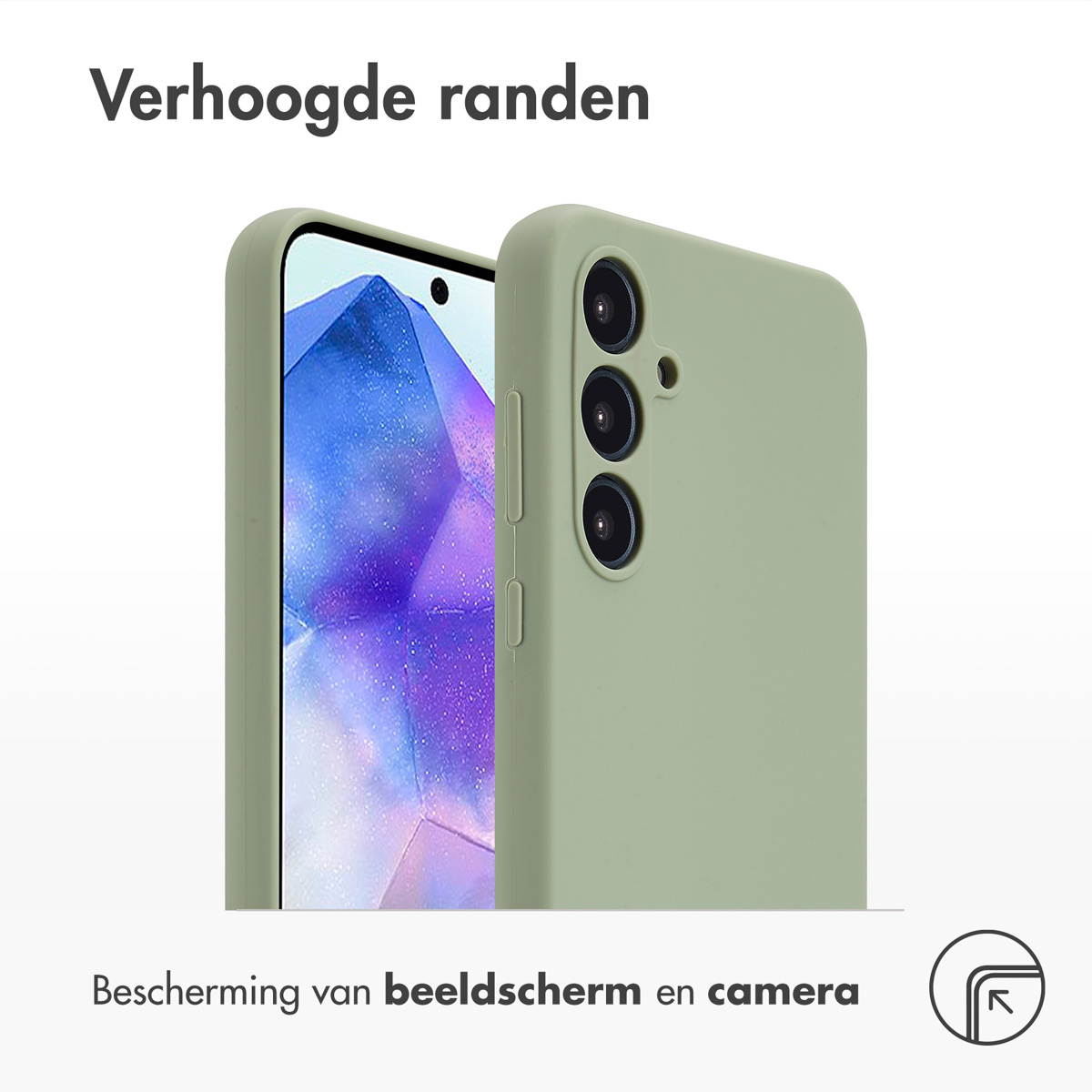 Deux téléphones, un vert, montrant l'écran. Texte: Protection de l'écran et de la caméra. Fond blanc.