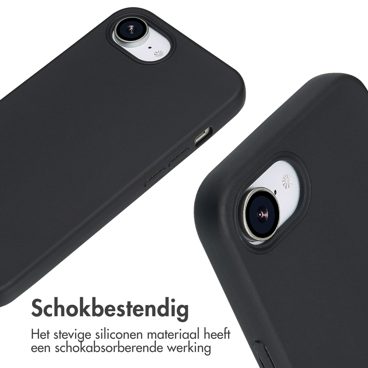 Close-up van twee zwarte telefoonhoesjes, toont cameradetails, tekst onderaan, witte achtergrond.