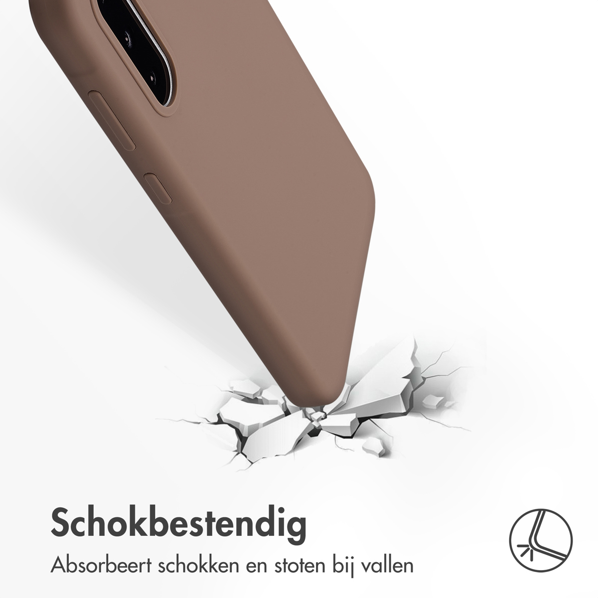 Bruin telefoonhoesje valt op wit oppervlak, breekt het. Tekst: Schokbestendig.