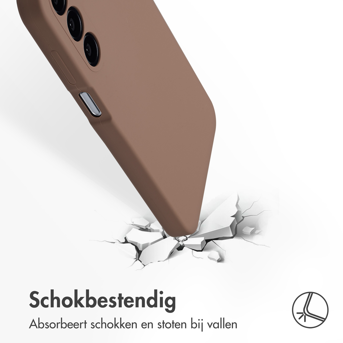 Telefonhülle, braune Farbe, stürzt ab, Aufprall auf weißer Oberfläche, Risse erscheinen.