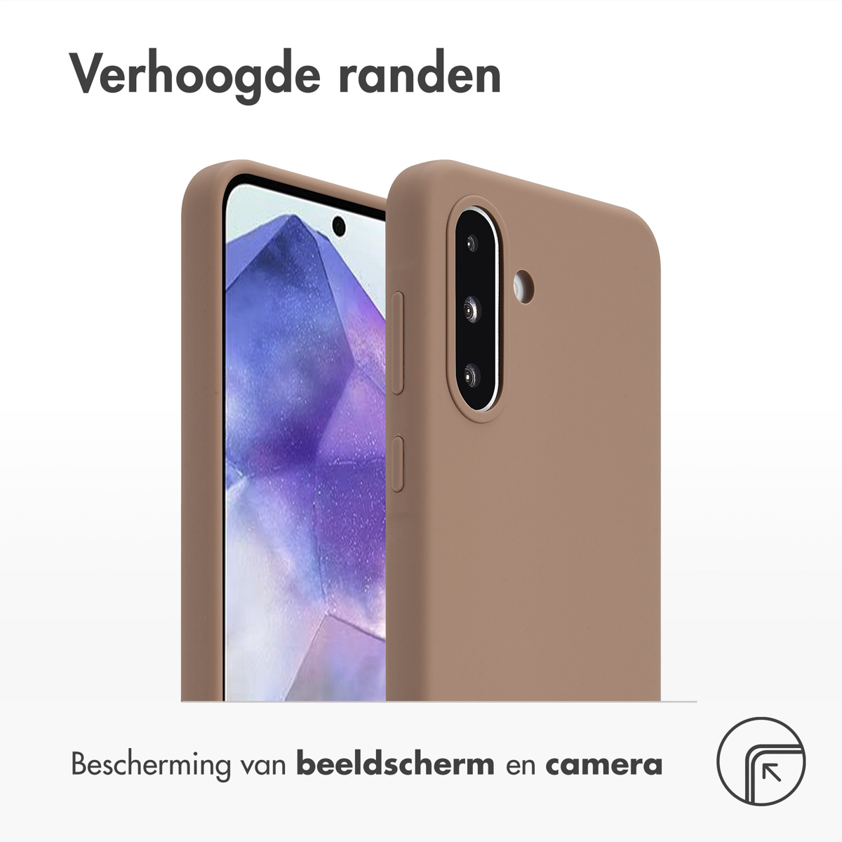 Een bruine telefoonhoes met de telefoon erin, met de randen en beschermingsfuncties.