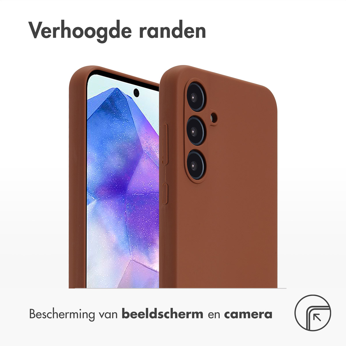 Un smartphone avec un étui marron, affichant l'écran et les détails de la caméra, avec du texte sur la protection.