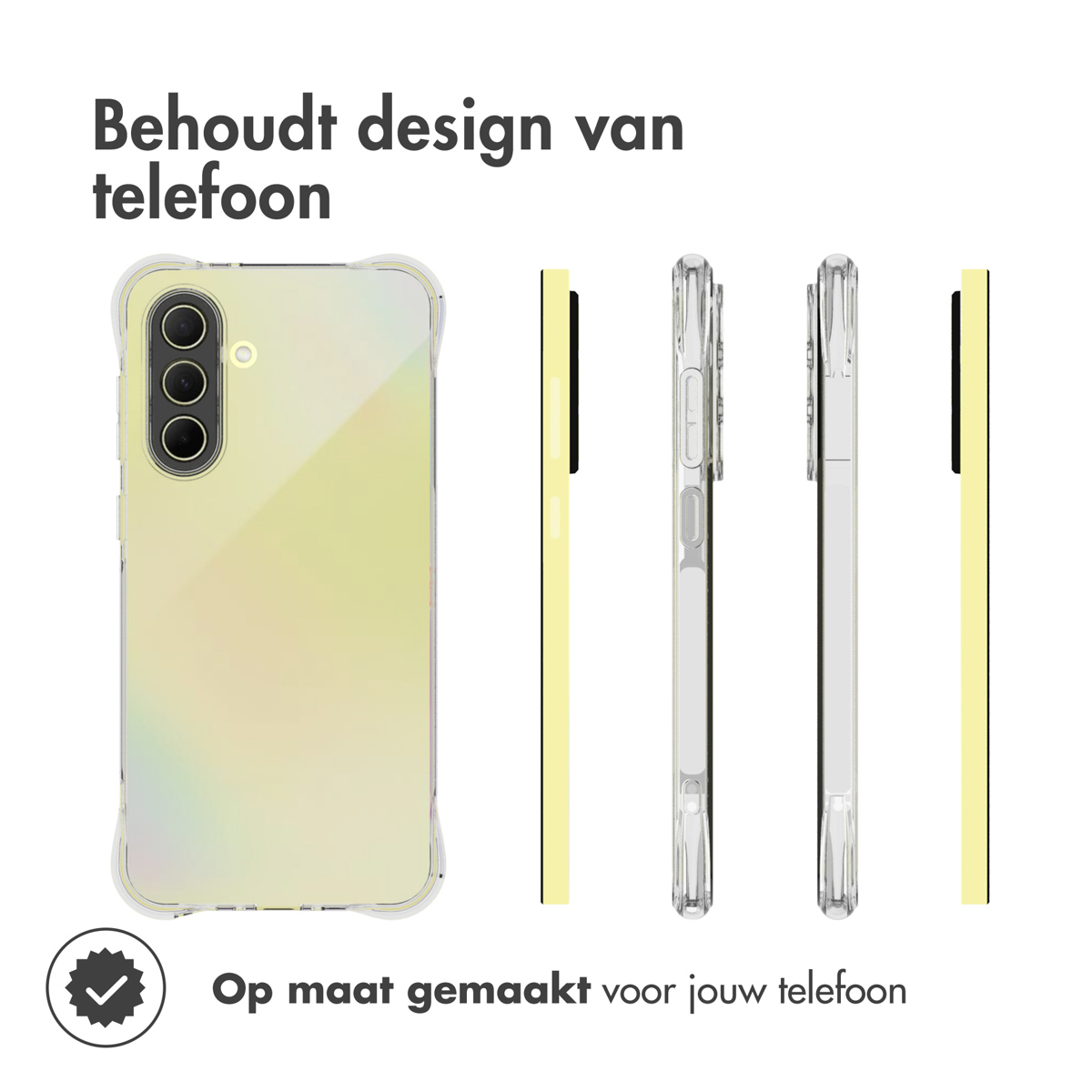 Handyhülle mit verschiedenen Ansichten, die das Telefon zeigen. Text sagt 'Entworfen für Ihr Telefon'.