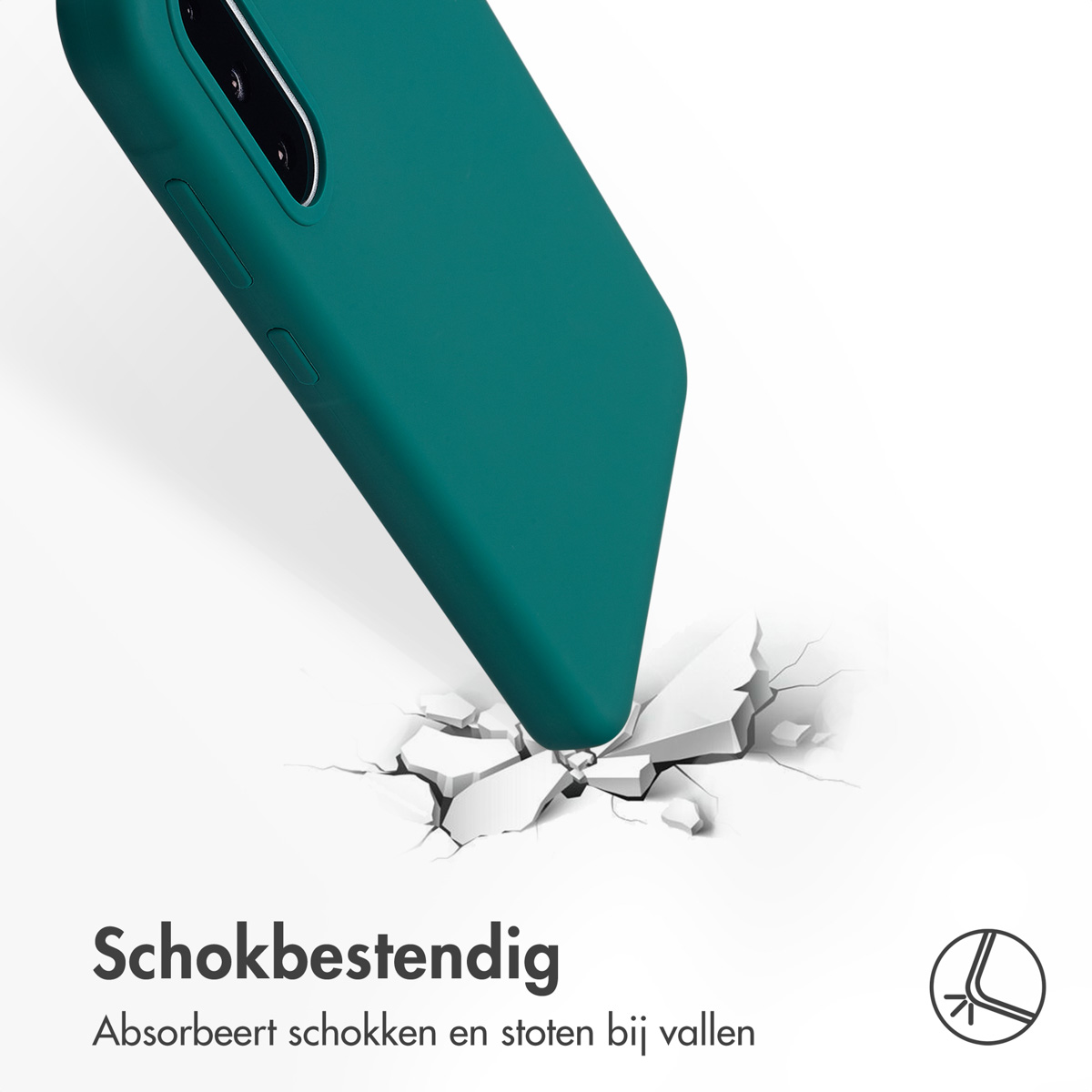 Een groene telefoonhoes op een wit oppervlak met een craquele-effect, dat schokbestendigheid benadrukt.