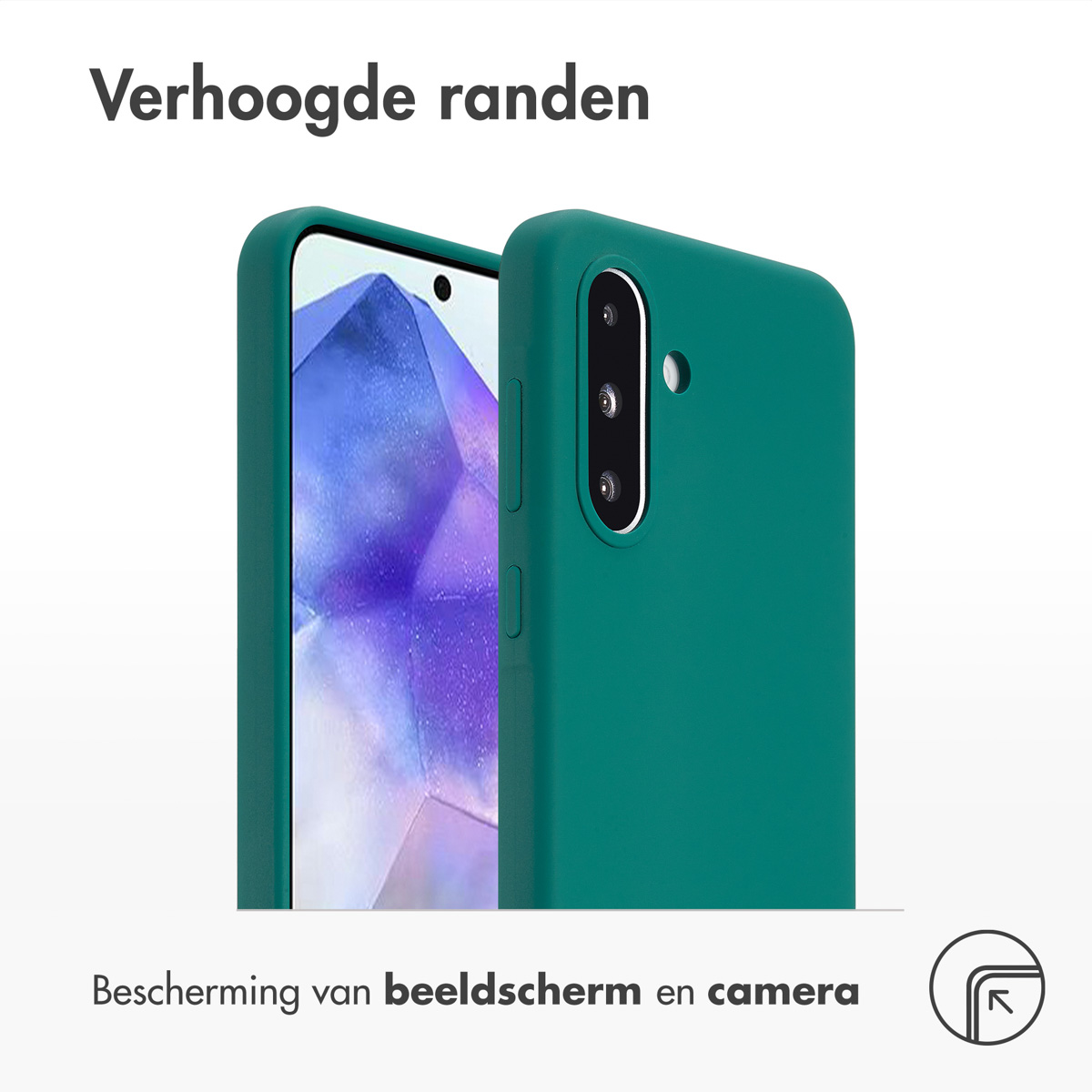 Twee teal telefoonhoesjes. De hoesjes hebben verhoogde randen voor scherm- en camerabescherming. Tekst: Verhoogde randen.