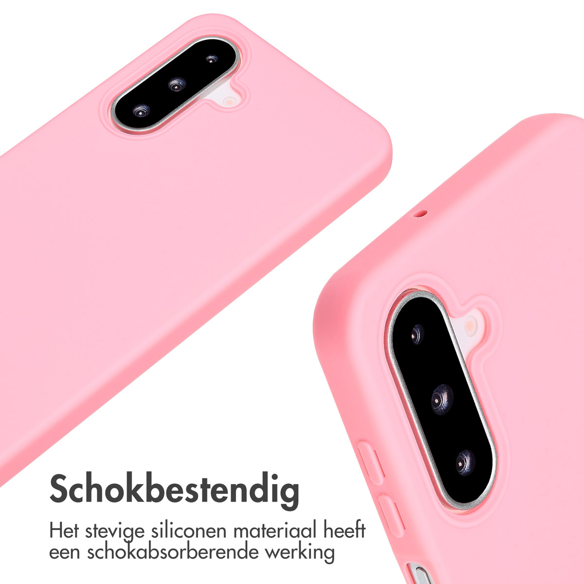 Pink phone cases with a phone. The case shows the back with the camera and a smooth texture.