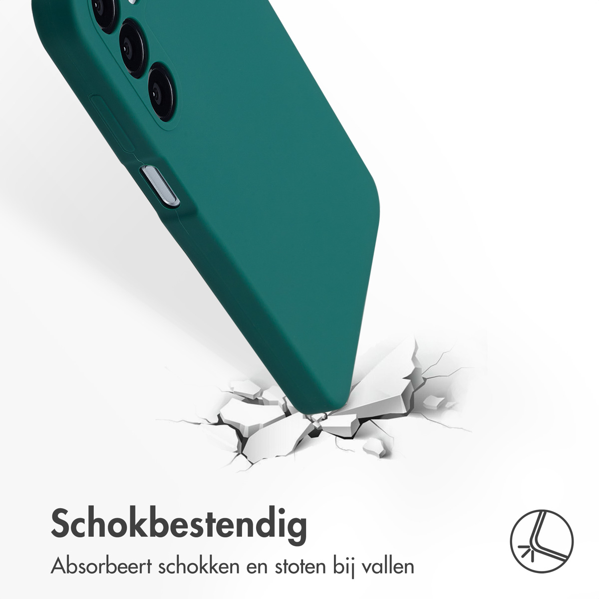 Eine grüne Handyhülle fällt und zerbricht eine Oberfläche. Der Text sagt stoßfest.