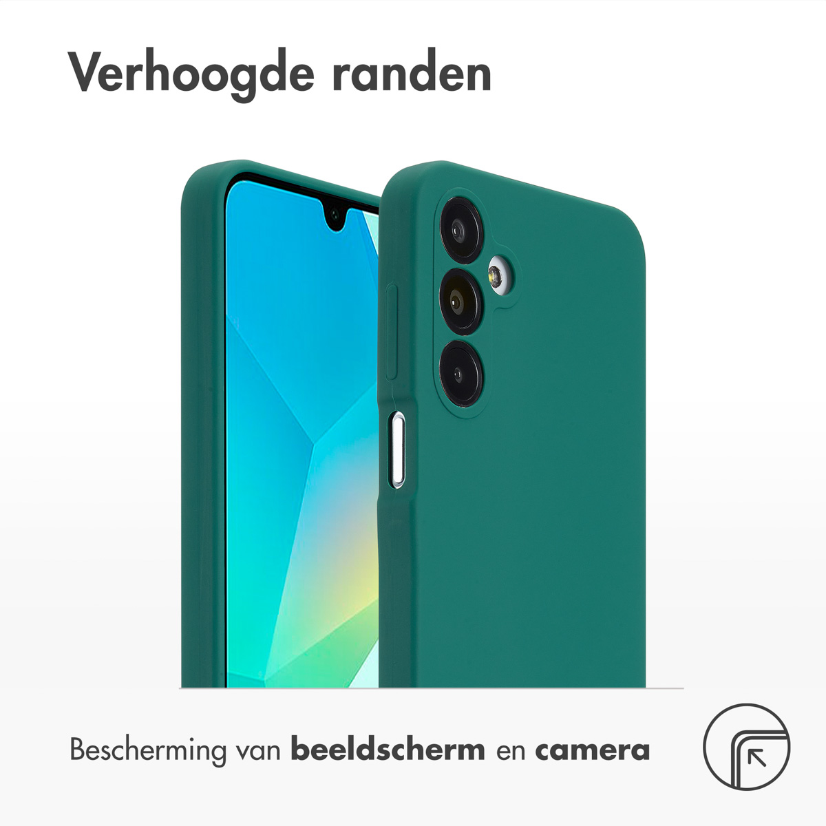 Zwei grüne Handyhüllen. Die Hüllen haben erhöhte Ränder für Bildschirm- und Kameraschutz. Text: Verhoogde randen.