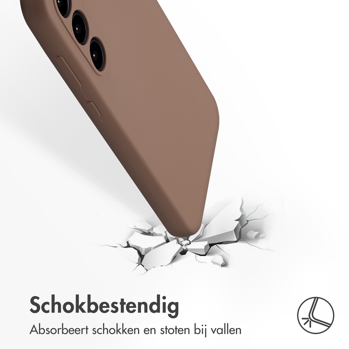 Coque de téléphone marron fissurant une surface. Texte : 'Schokbestendig', absorbe les chocs.