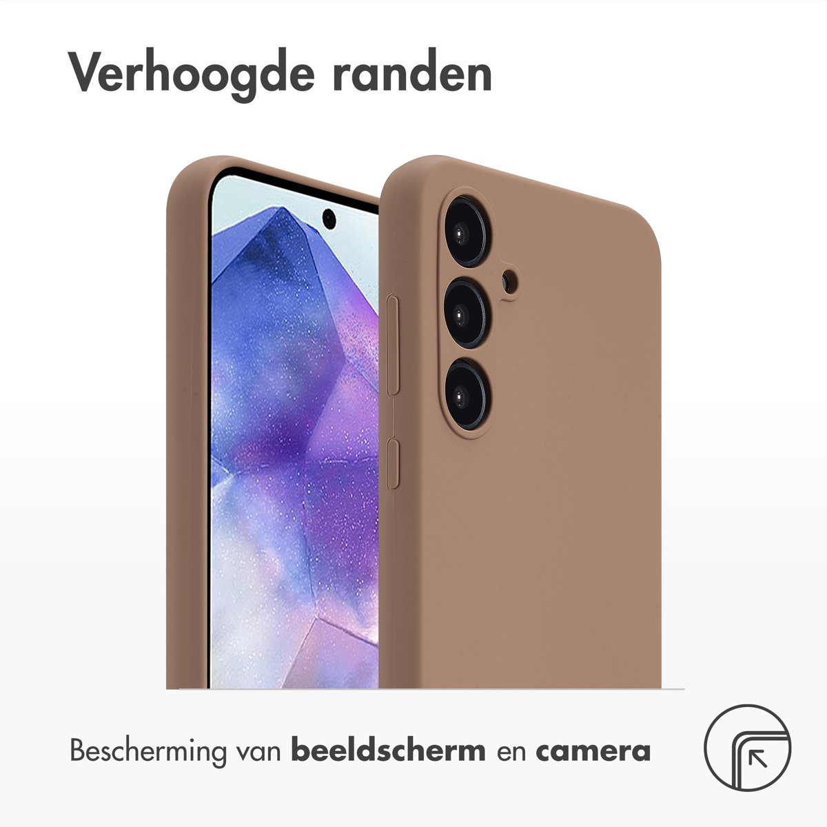 Deux coques de téléphone marron avec un téléphone à l'intérieur. L'appareil photo et l'écran sont visibles.